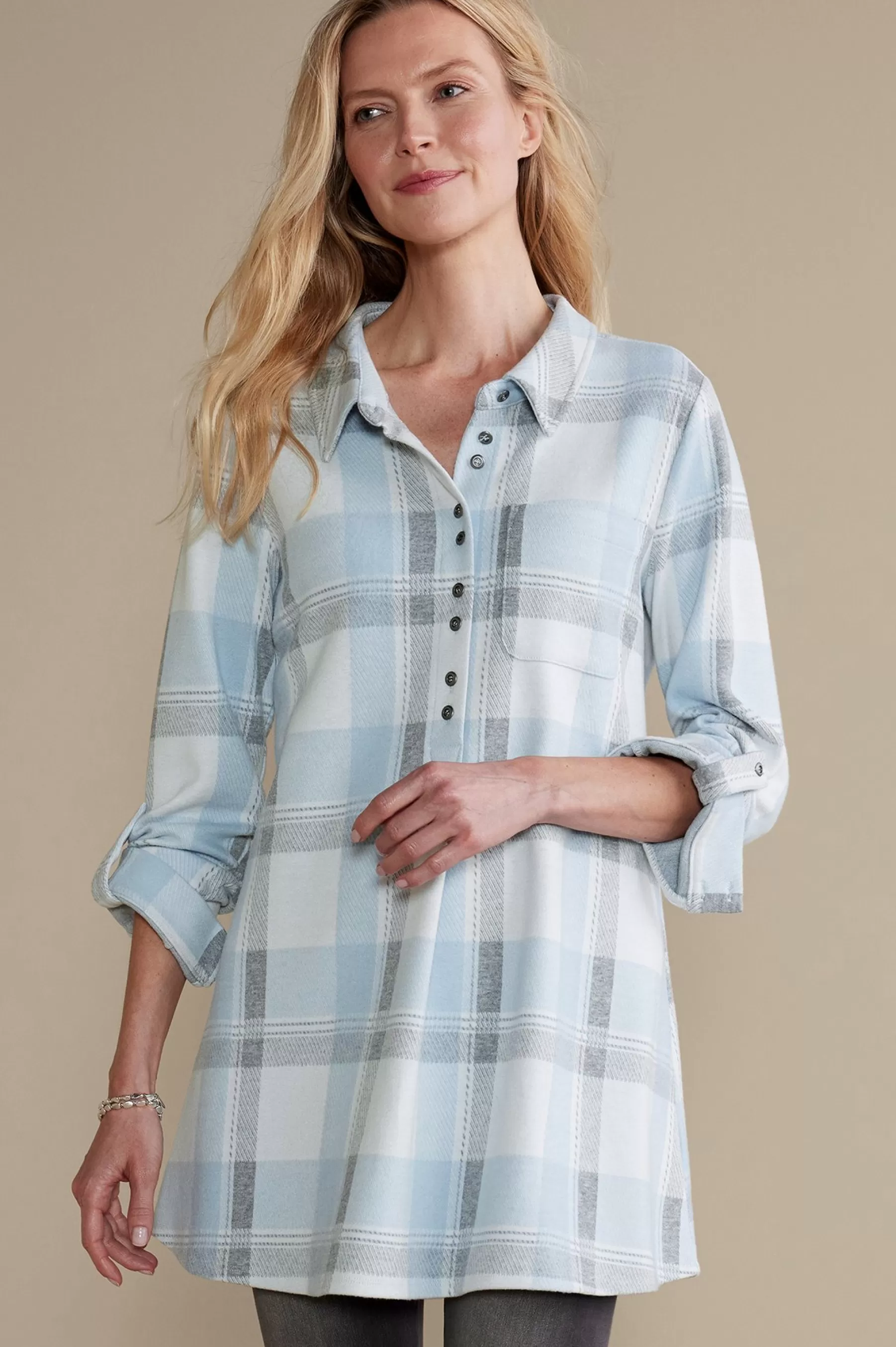 Into The Blues | Wear Now Styles-Soft Surroundings Mad About Plaid Tunic Light Blue Plaid