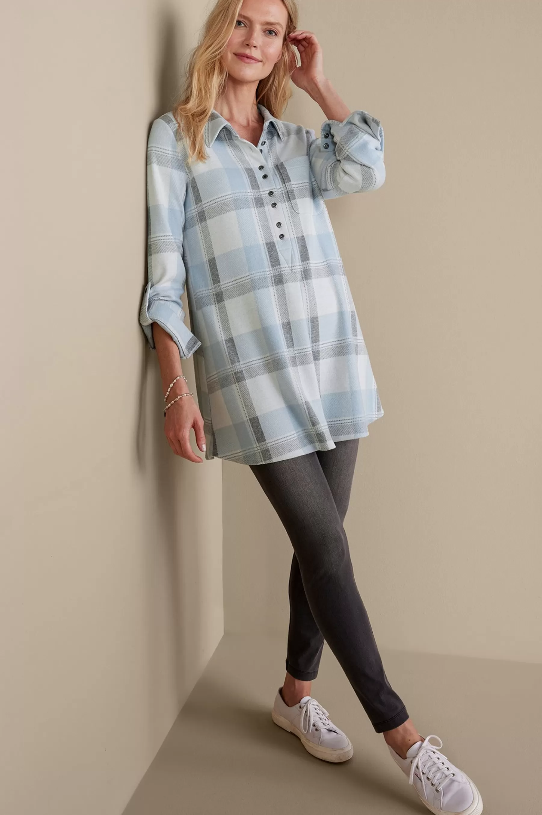 Into The Blues | Wear Now Styles-Soft Surroundings Mad About Plaid Tunic Light Blue Plaid