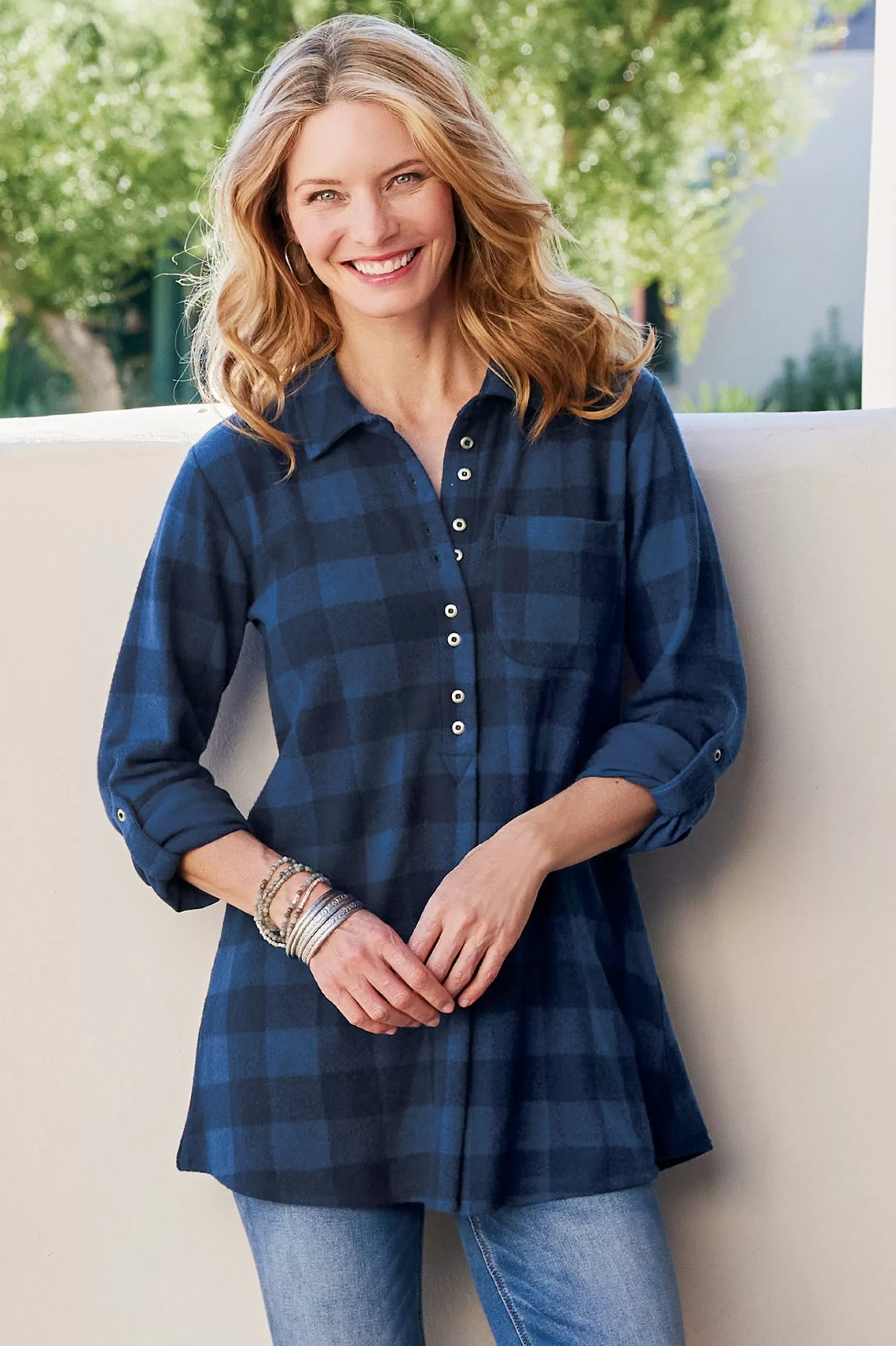 Everyday Styles | long sleeve-Soft Surroundings Mad About Plaid Tunic I Charcoal