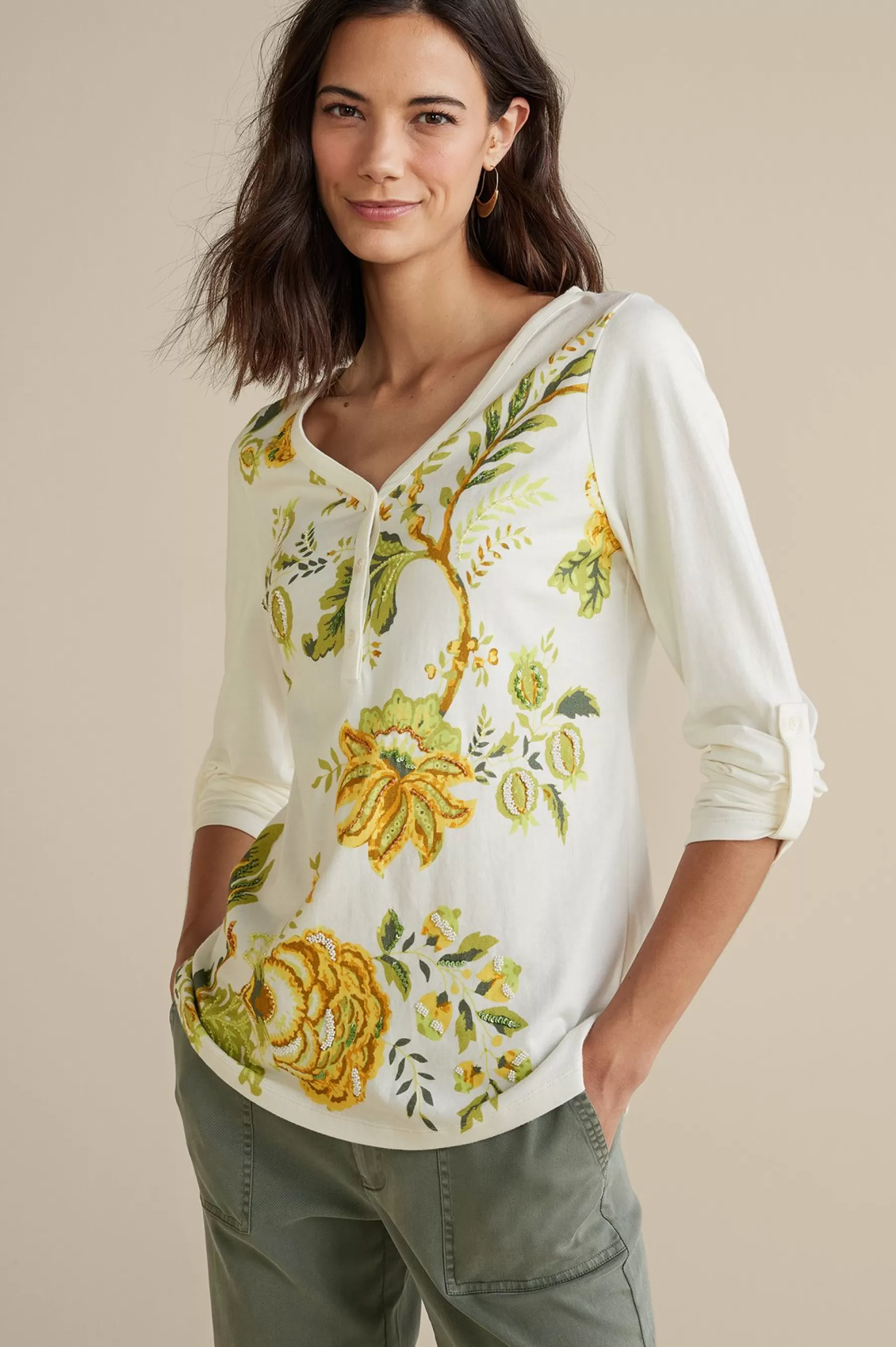 Wear Now Styles | long sleeve-Soft Surroundings Maja Printed Pullover Green Florals