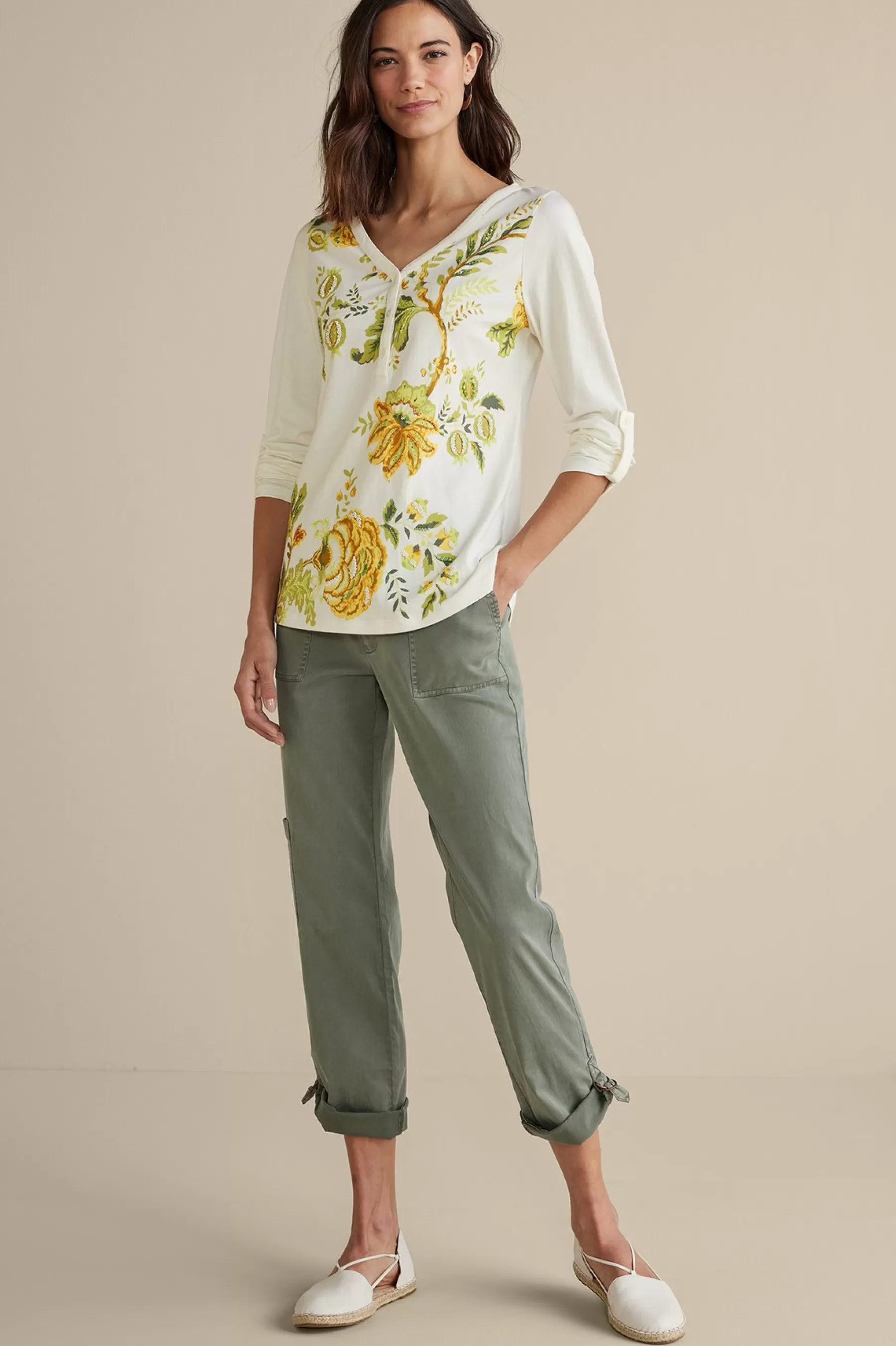 Wear Now Styles | long sleeve-Soft Surroundings Maja Printed Pullover Green Florals