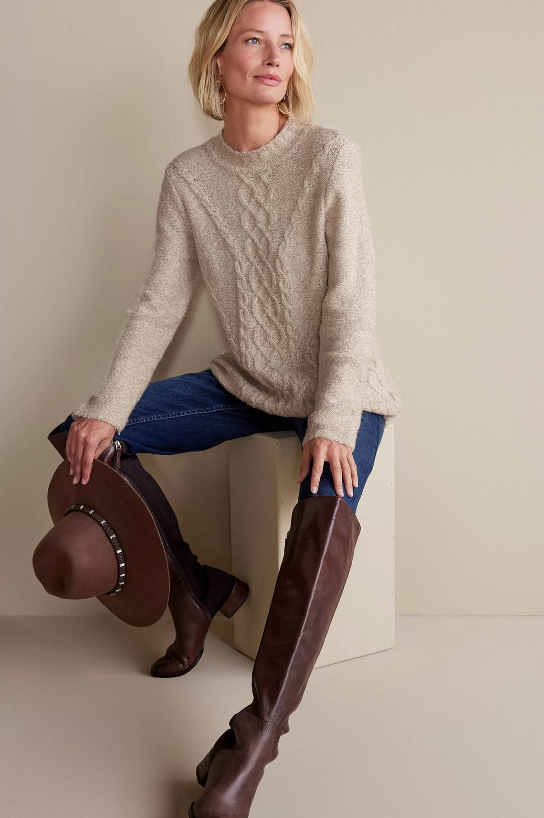 Sweaters & Cardigans | long sleeve-Soft Surroundings Marianna Cable Sweater Heather Taupe