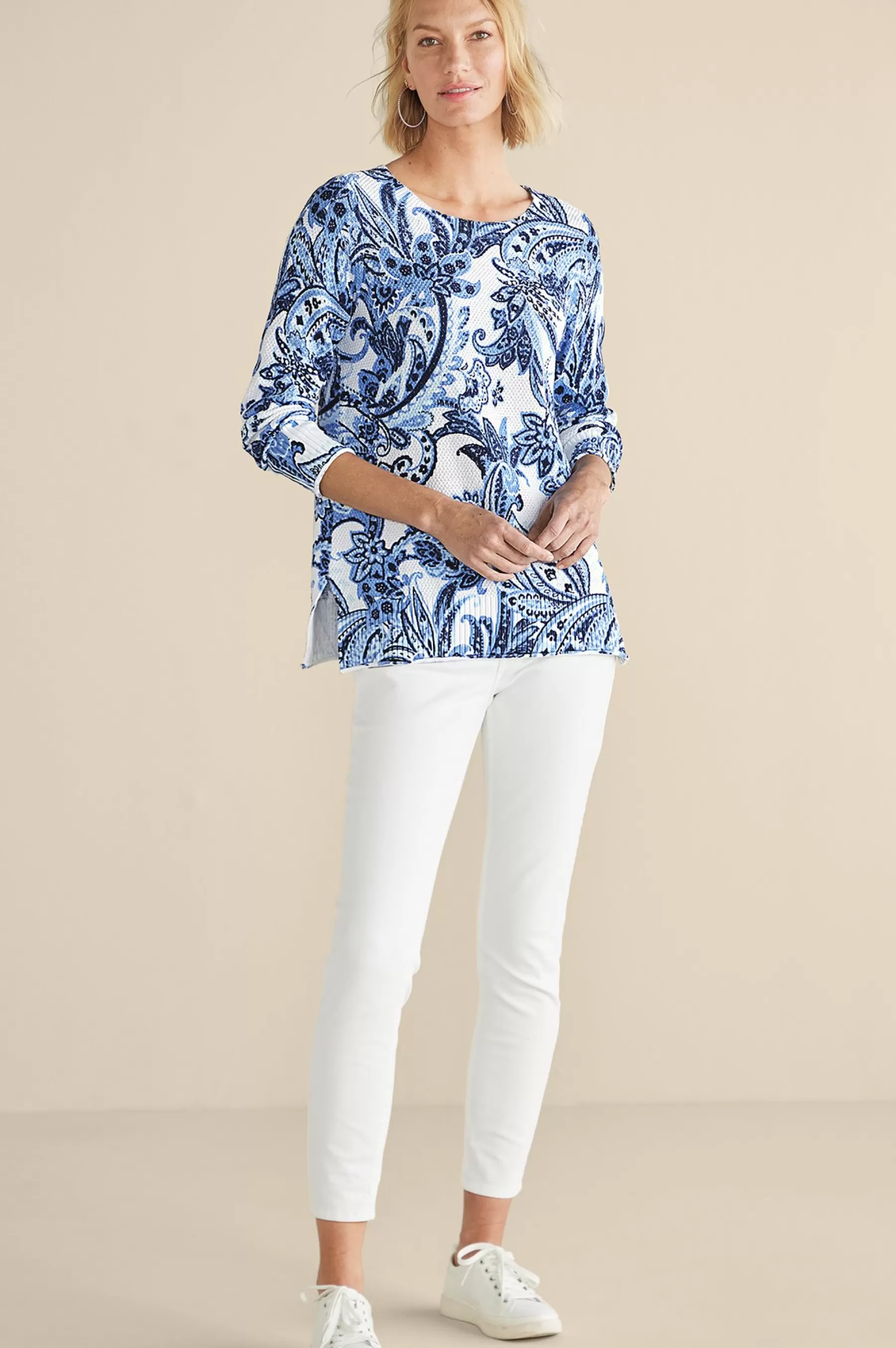 Feminine Flourish | Into The Blues-Soft Surroundings Marin Sweater Navy Blue Floral Paisley