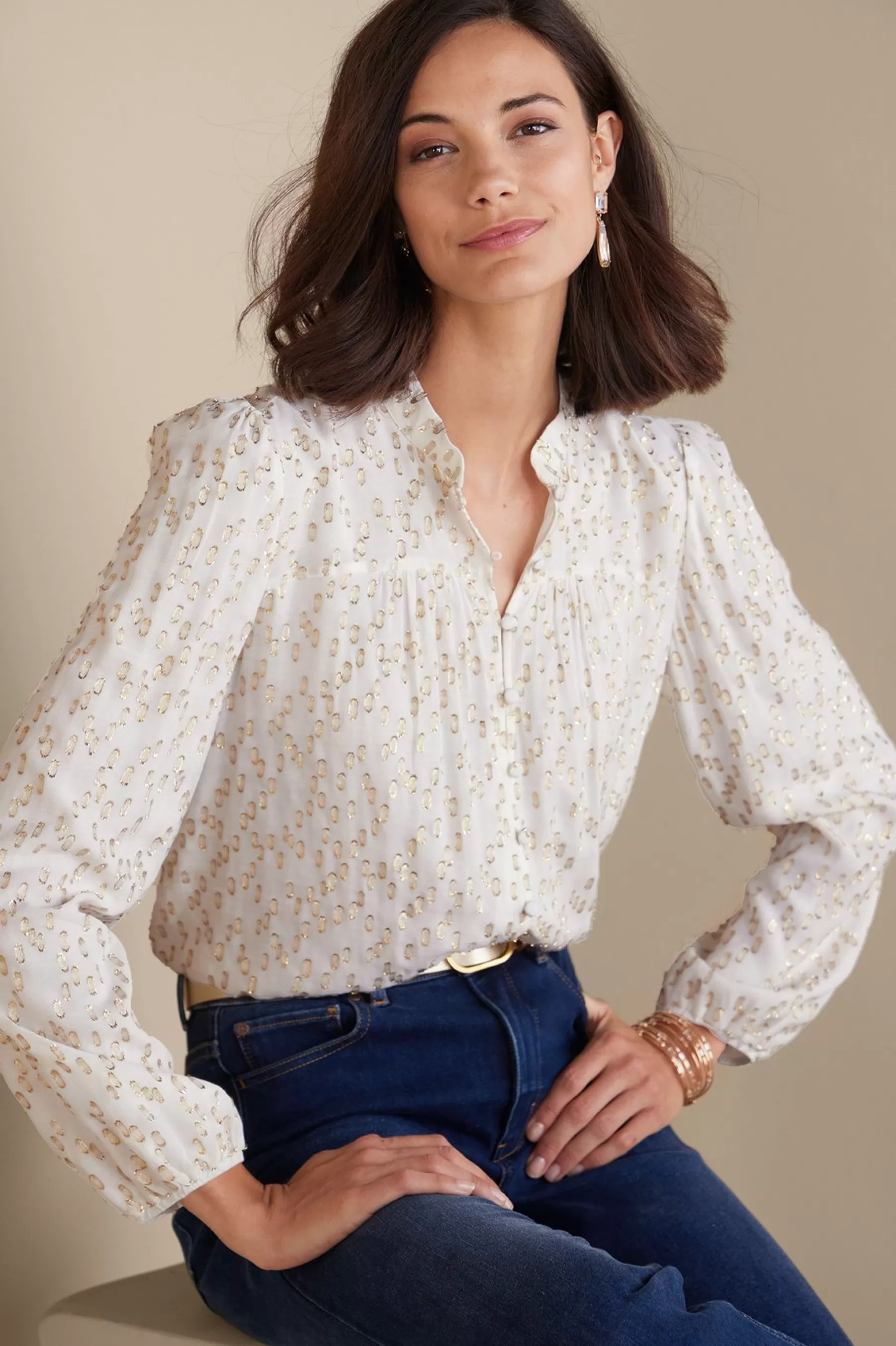 Feminine Flourish | Everyday Styles-Soft Surroundings Mila Metallic Blouse Ivory Pearl