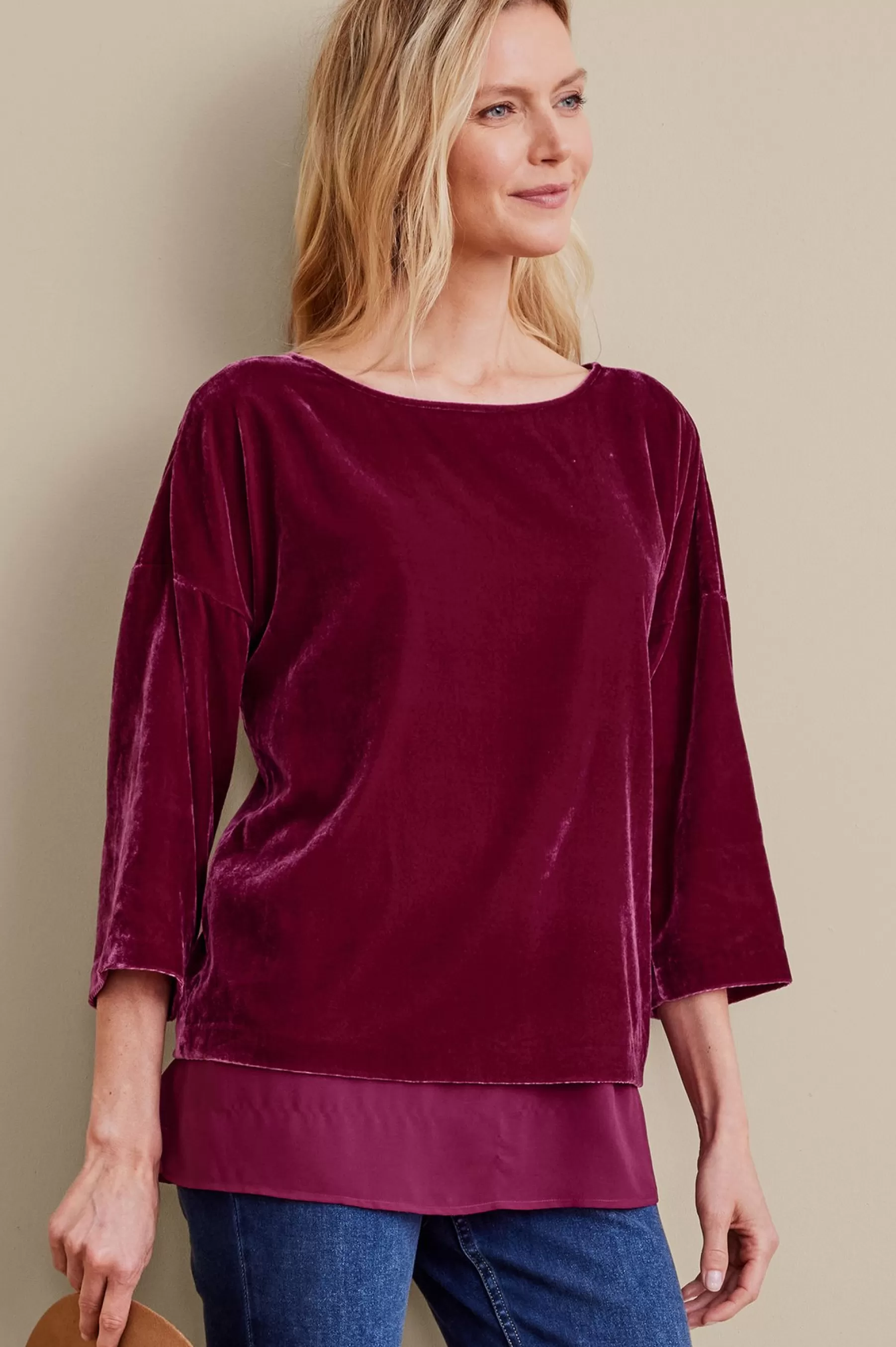 EVelvet Styles | three quarter length-Soft Surroundings Millie Velvet Tunic Dark Fuchsia