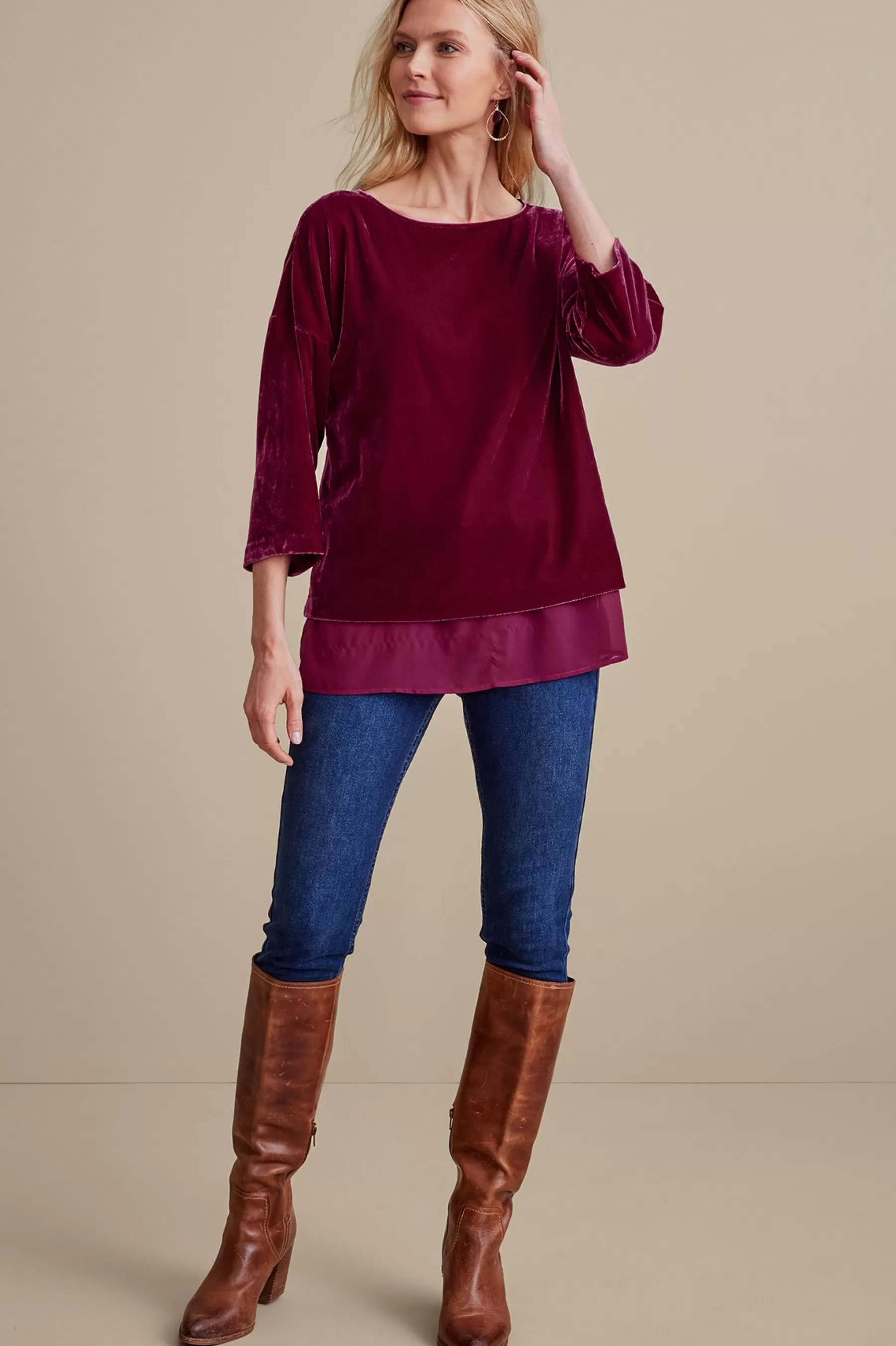 EVelvet Styles | three quarter length-Soft Surroundings Millie Velvet Tunic Dark Fuchsia