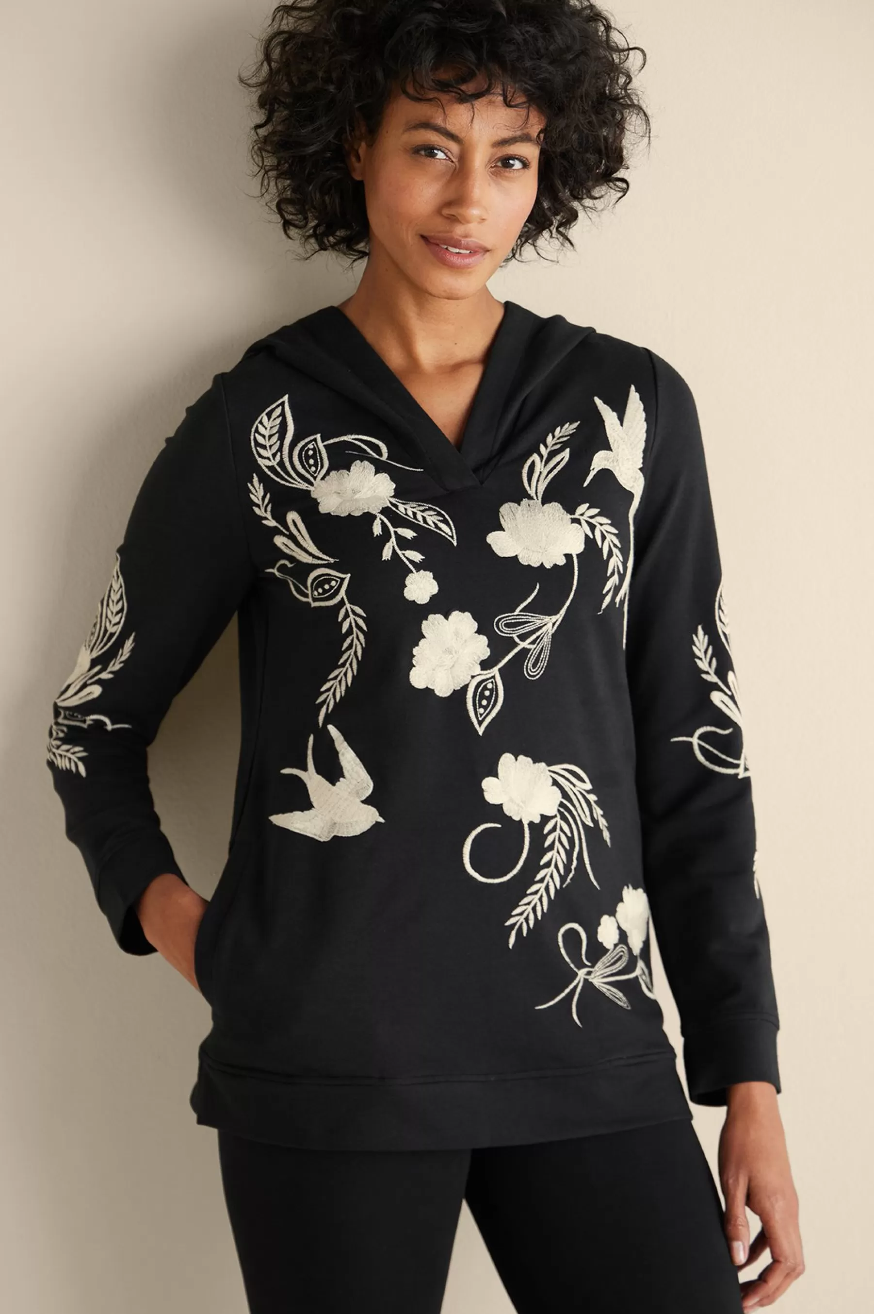 Wear Now Styles | long sleeve-Soft Surroundings Miraflores Embroidered French Terry Hoodie Black