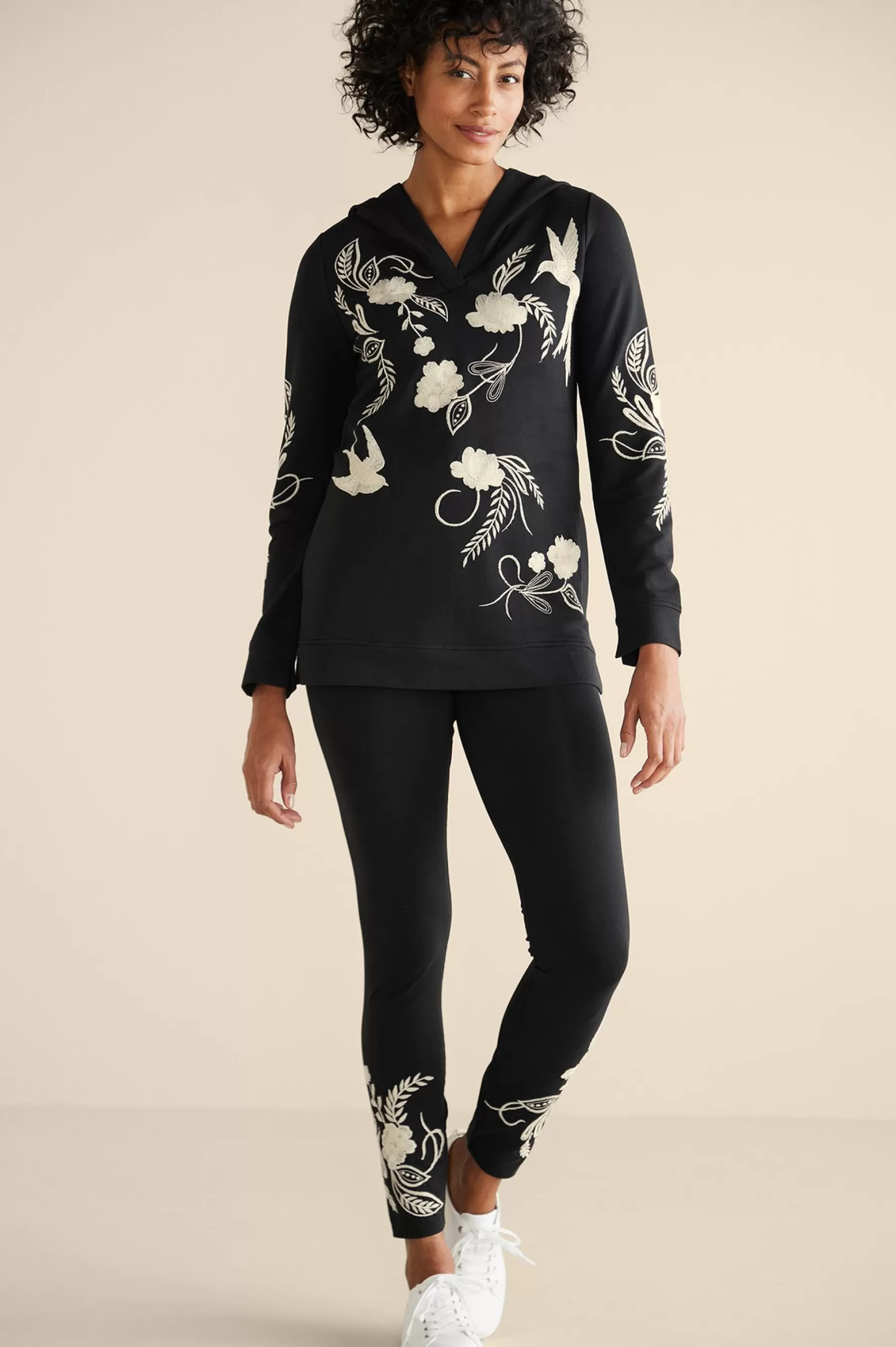 Wear Now Styles | long sleeve-Soft Surroundings Miraflores Embroidered French Terry Hoodie Black