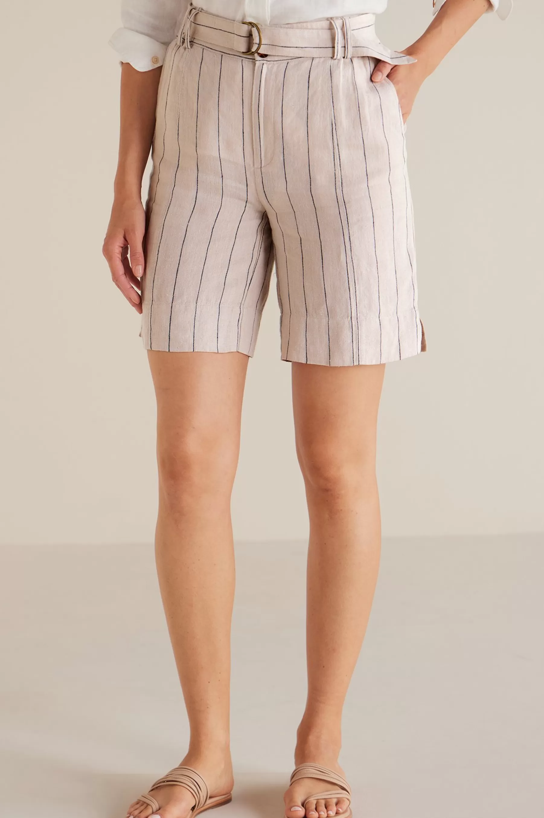 Shorts-Soft Surroundings Montecito Linen Shorts Navy Tan Stripe