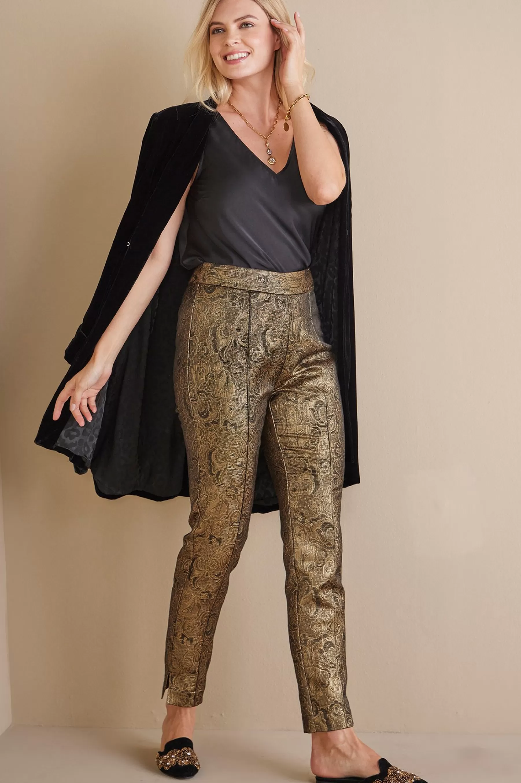 ankle | straight-Soft Surroundings Nevina Jacquard Trouser Gold Floral