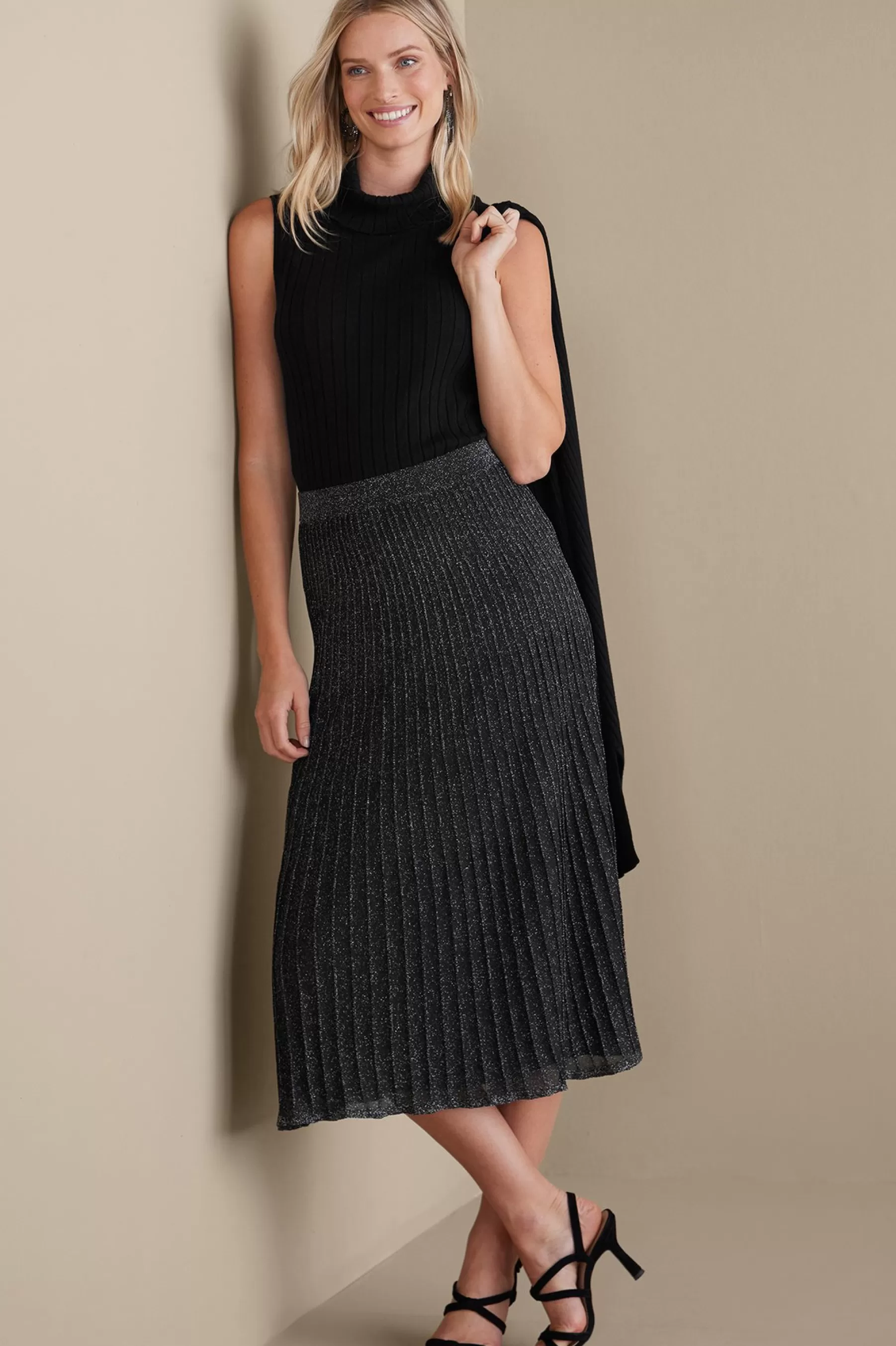 Skirts-Soft Surroundings Nisha Knit Pleated Skirt Black/Silver