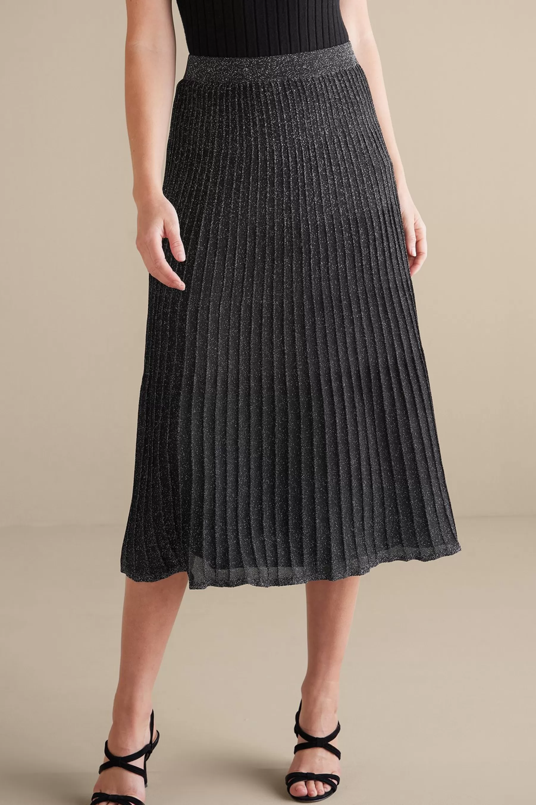 Skirts-Soft Surroundings Nisha Knit Pleated Skirt Black/Silver