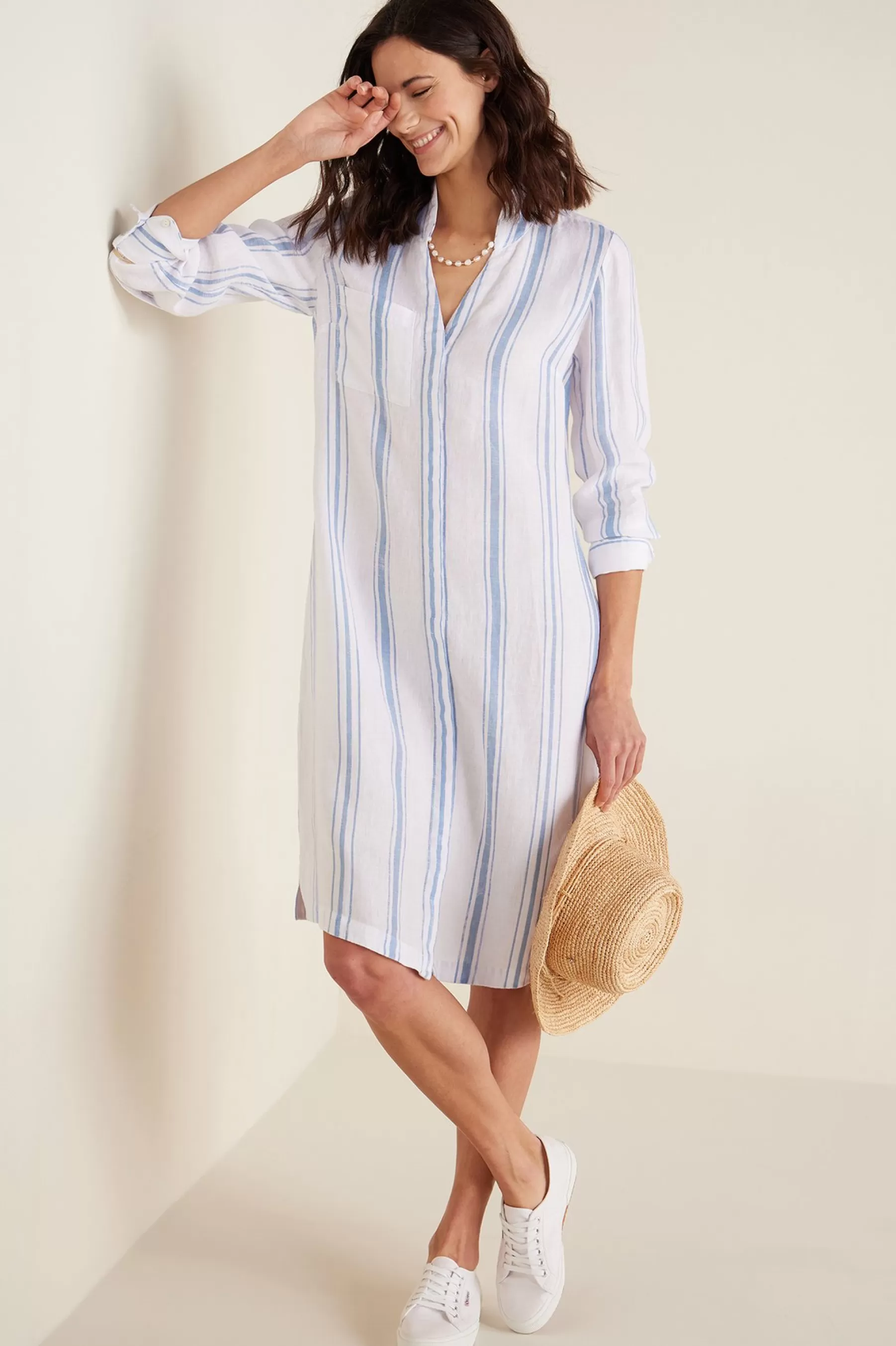 Linen Shop | vacation dresses-Soft Surroundings Petites Adalia Dress Blue/White