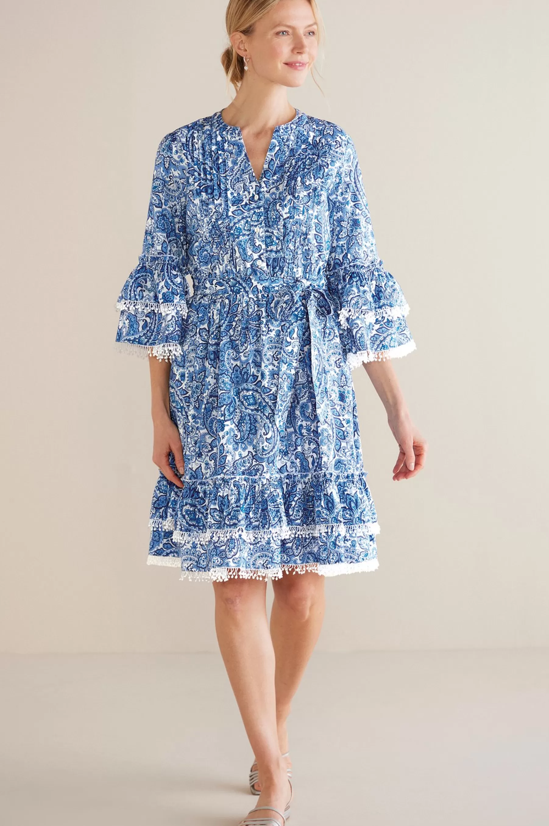 Into The Blues | Dresses-Soft Surroundings Petites Adeline Short Dress Spring Paisley Chambray