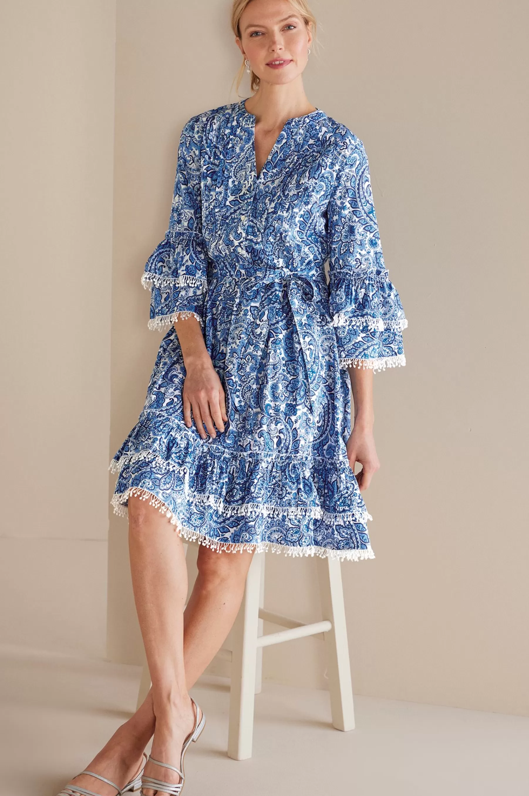 Into The Blues | Dresses-Soft Surroundings Petites Adeline Short Dress Spring Paisley Chambray