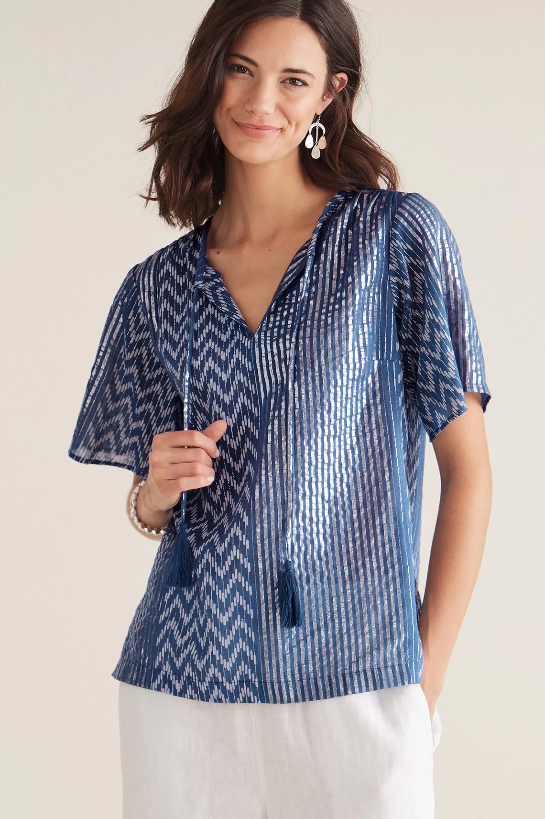 short sleeve | pullovers-Soft Surroundings Petites Brillar Top Twilight Blue