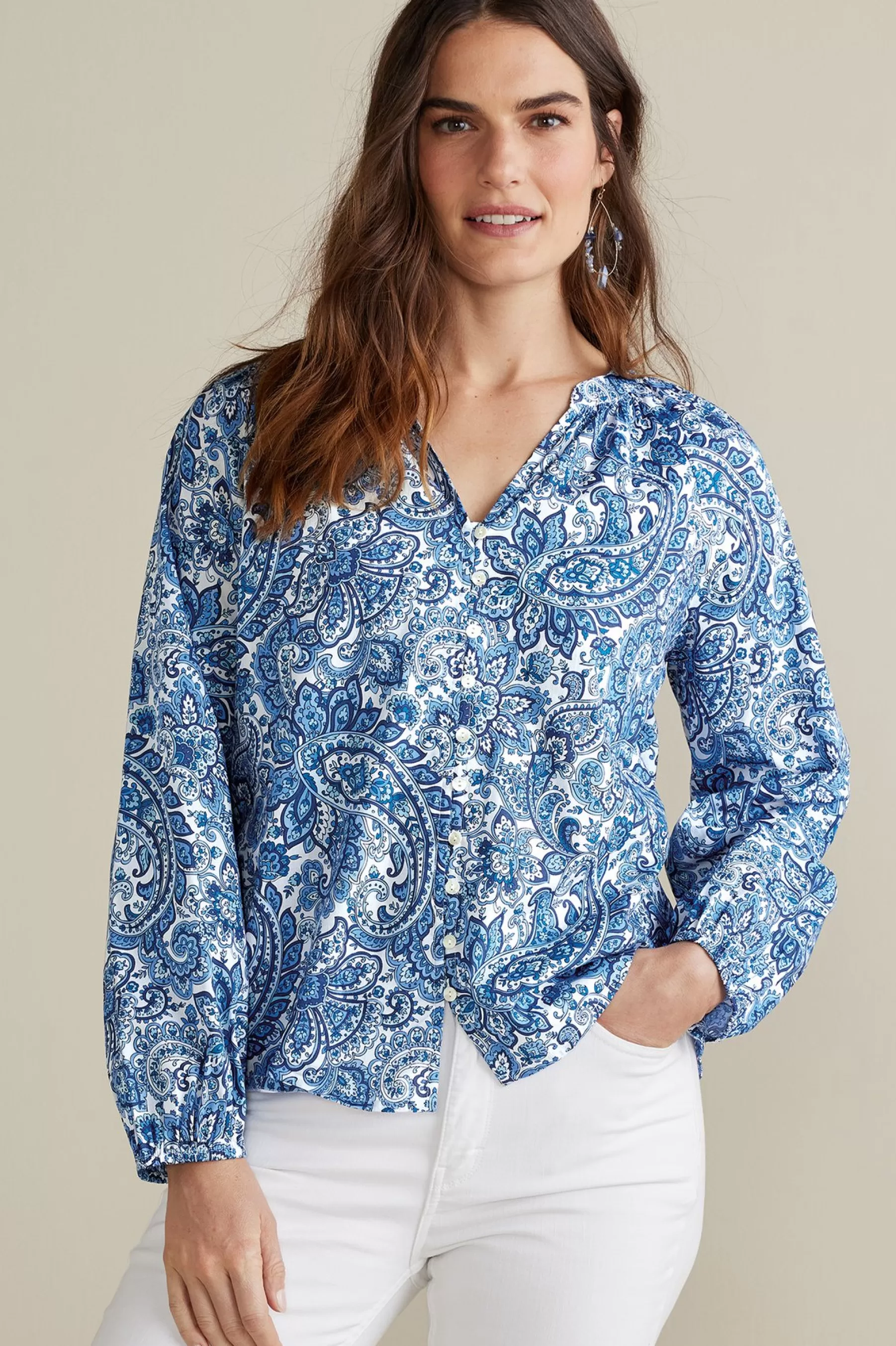 Into The Blues-Soft Surroundings Petites Celia Top Spring Paisley Chambray