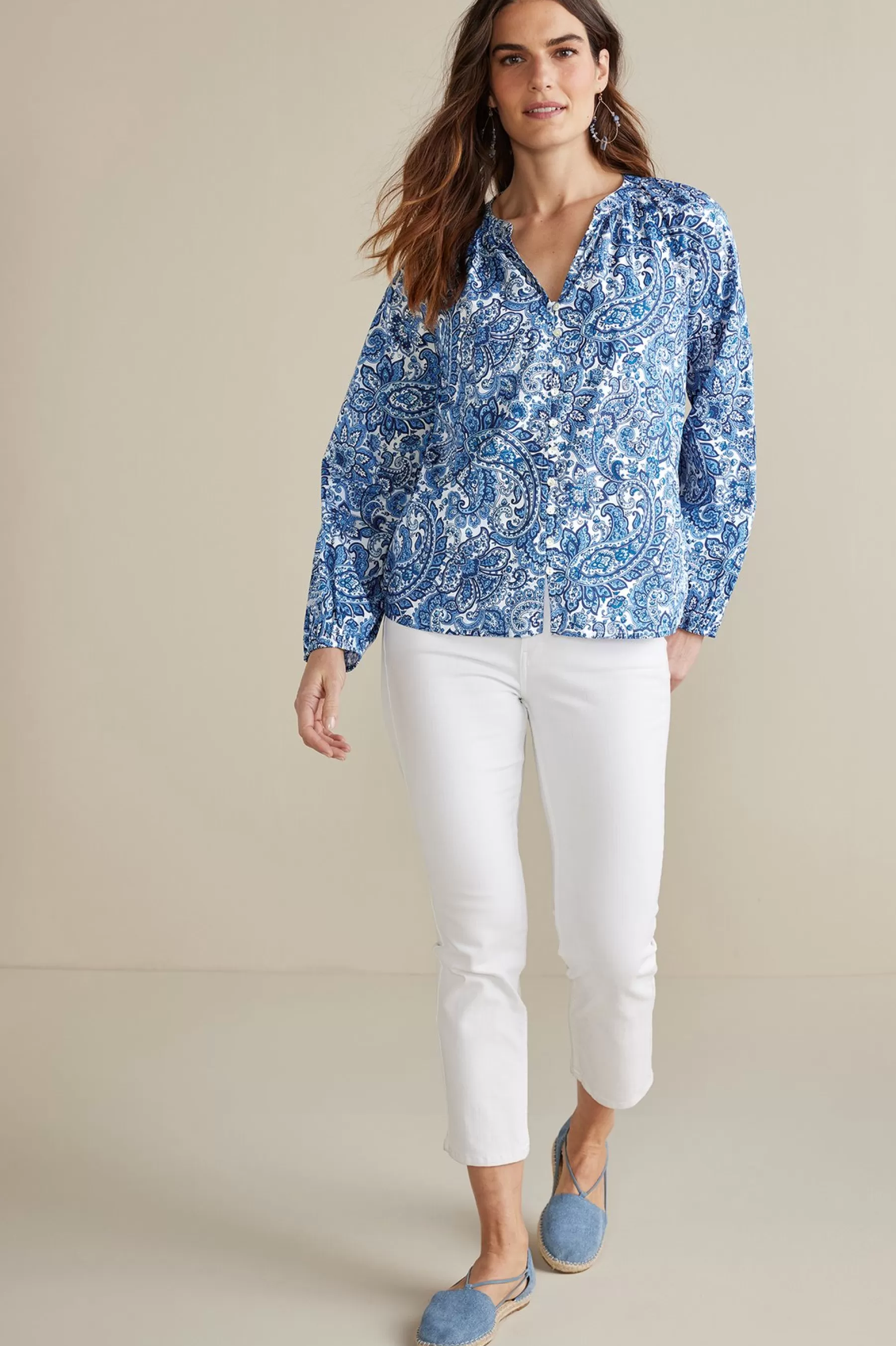 Into The Blues-Soft Surroundings Petites Celia Top Spring Paisley Chambray