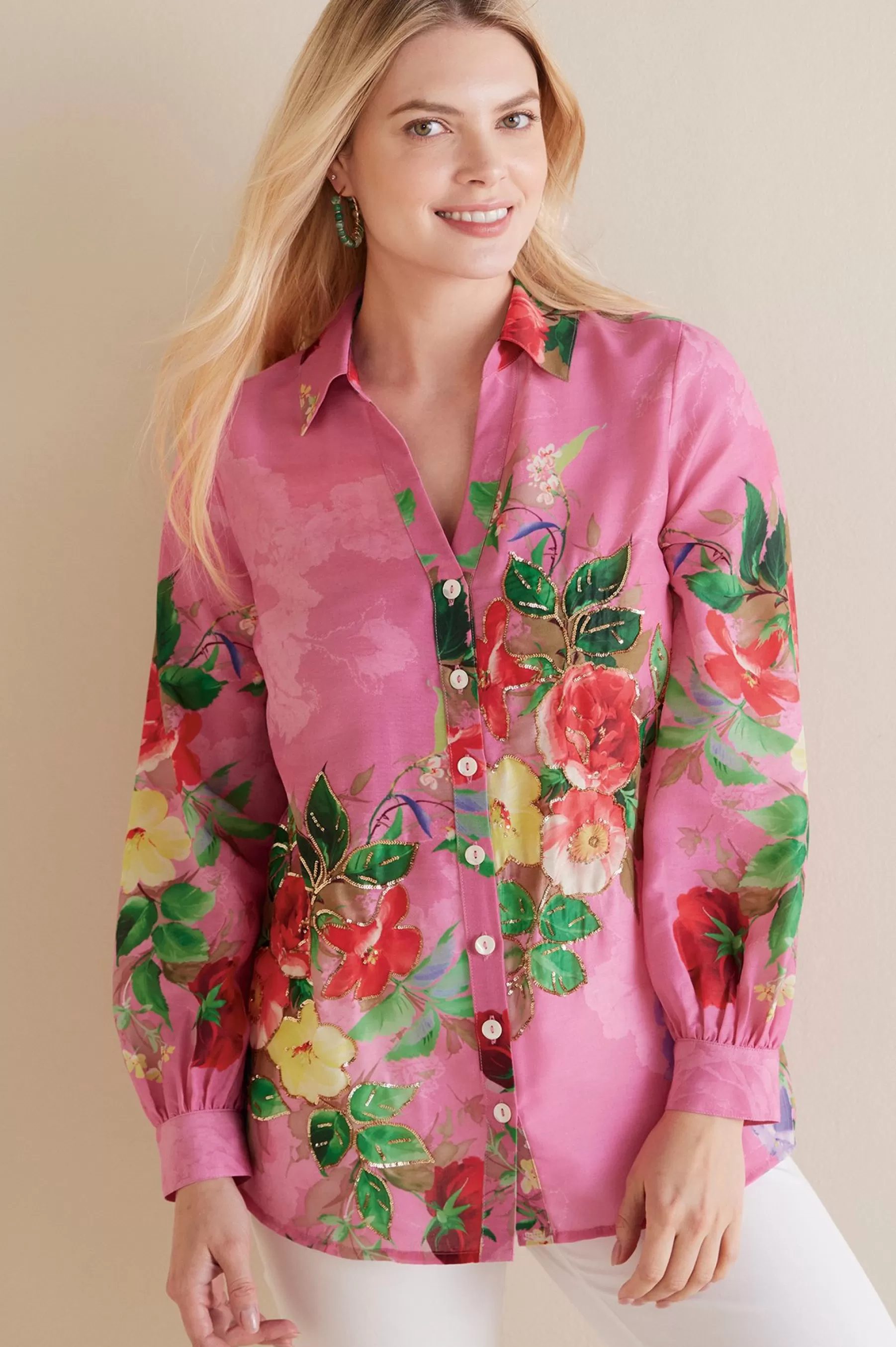 The Floral Shop-Soft Surroundings Petites Danica Embellished Shirt Red/Pink Floral