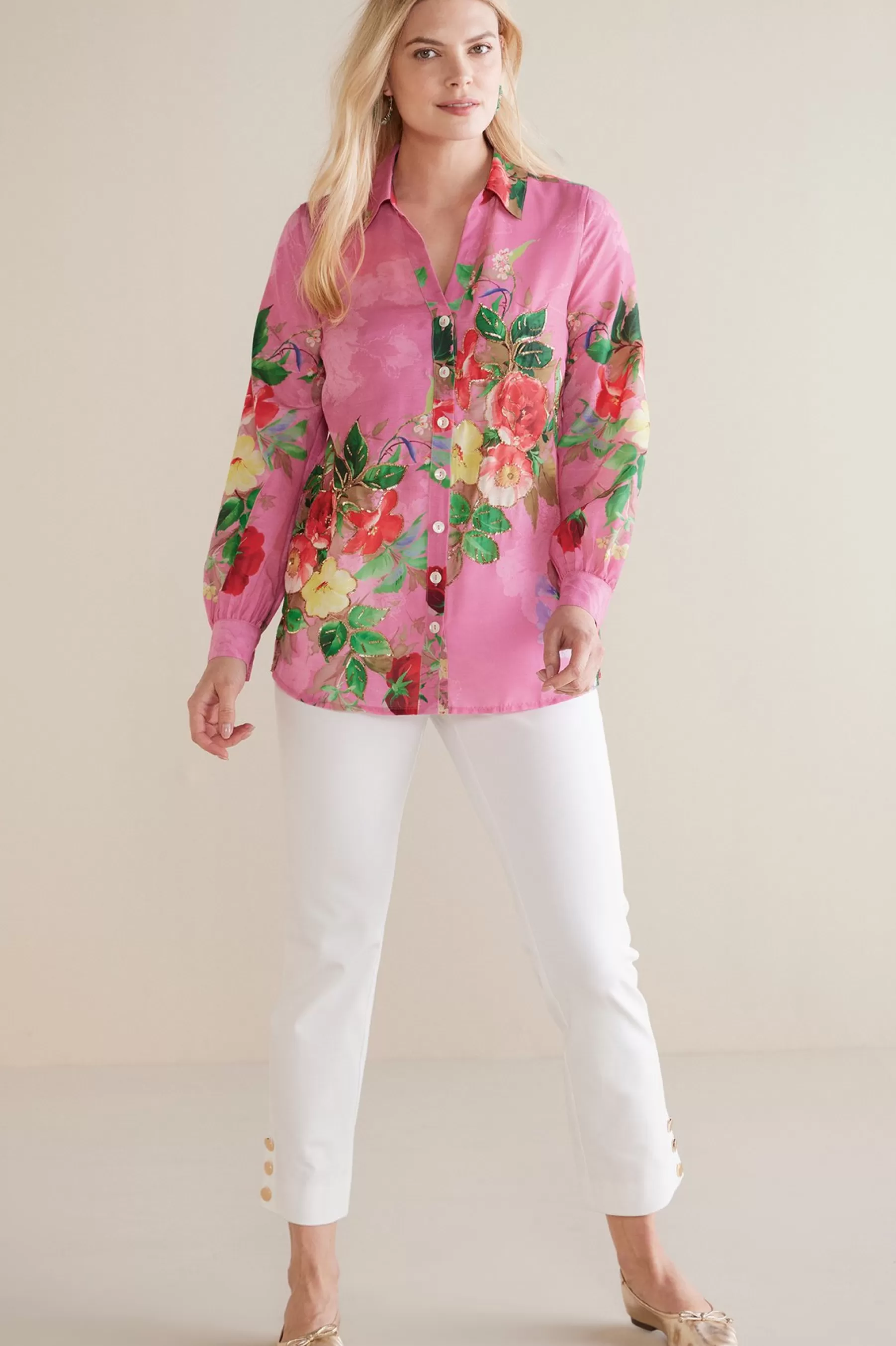 The Floral Shop-Soft Surroundings Petites Danica Embellished Shirt Red/Pink Floral