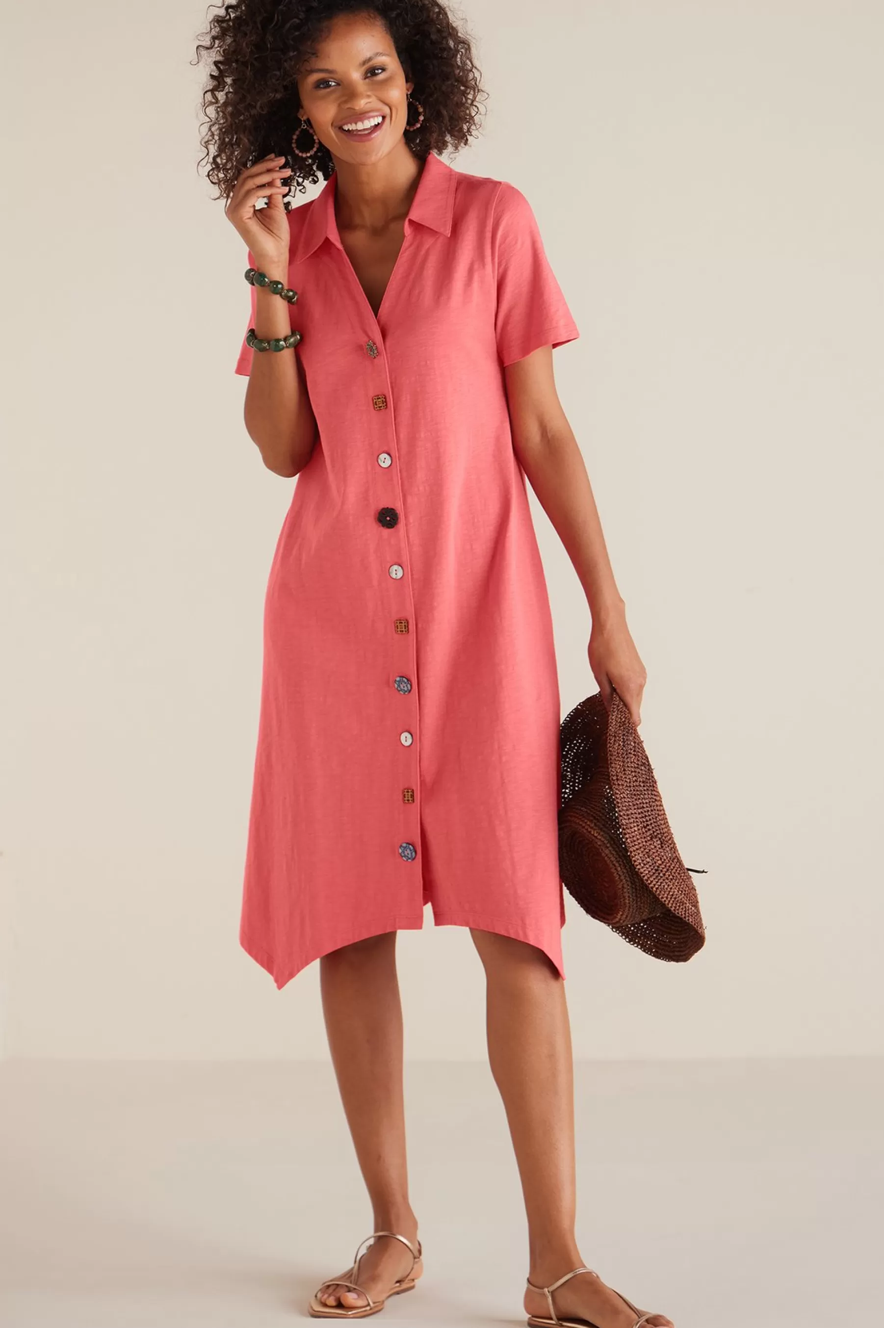 Everyday Styles | Dresses-Soft Surroundings Petites Danielle Button Dress Sunset Coral