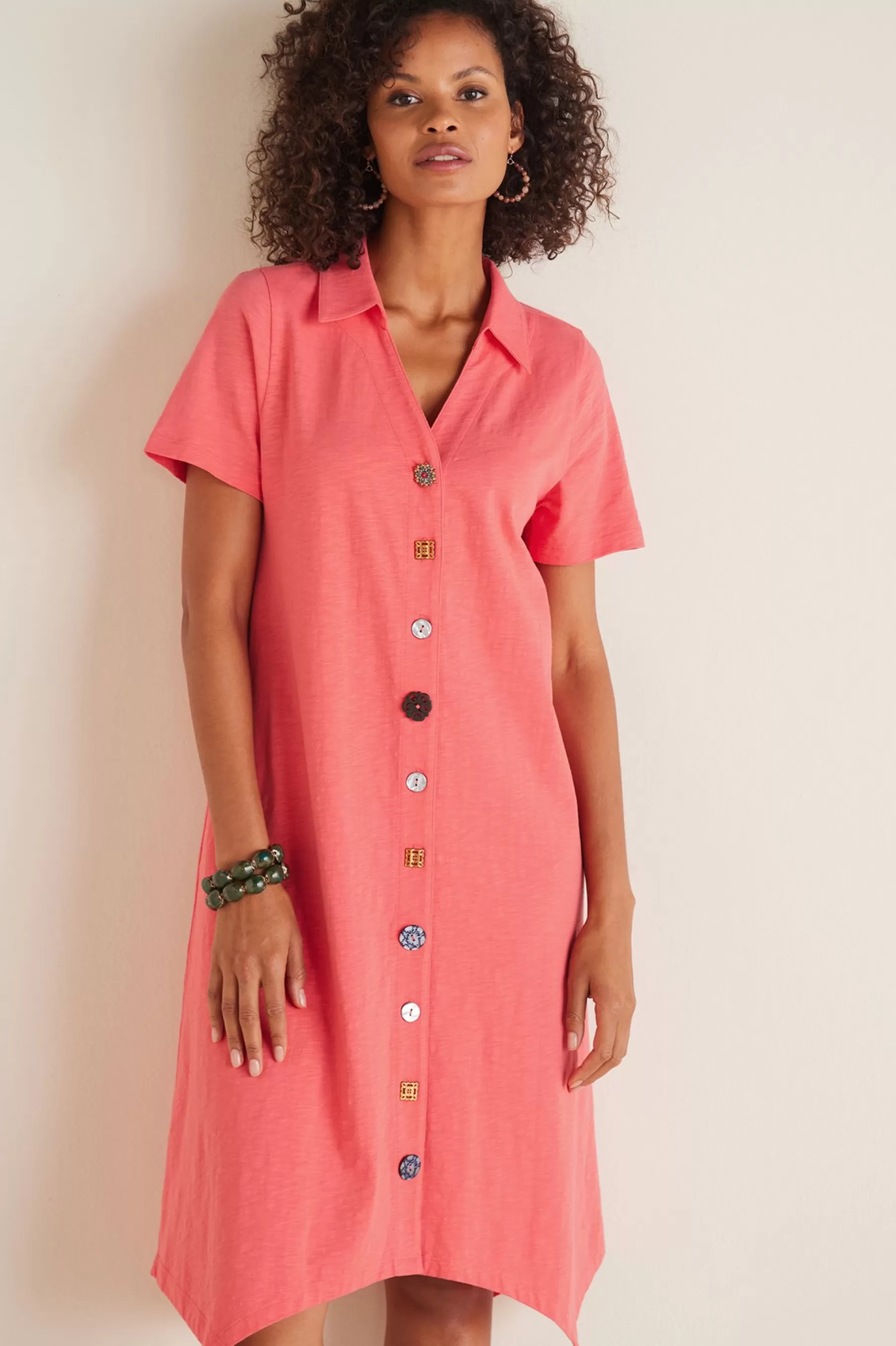 Everyday Styles | Dresses-Soft Surroundings Petites Danielle Button Dress Sunset Coral