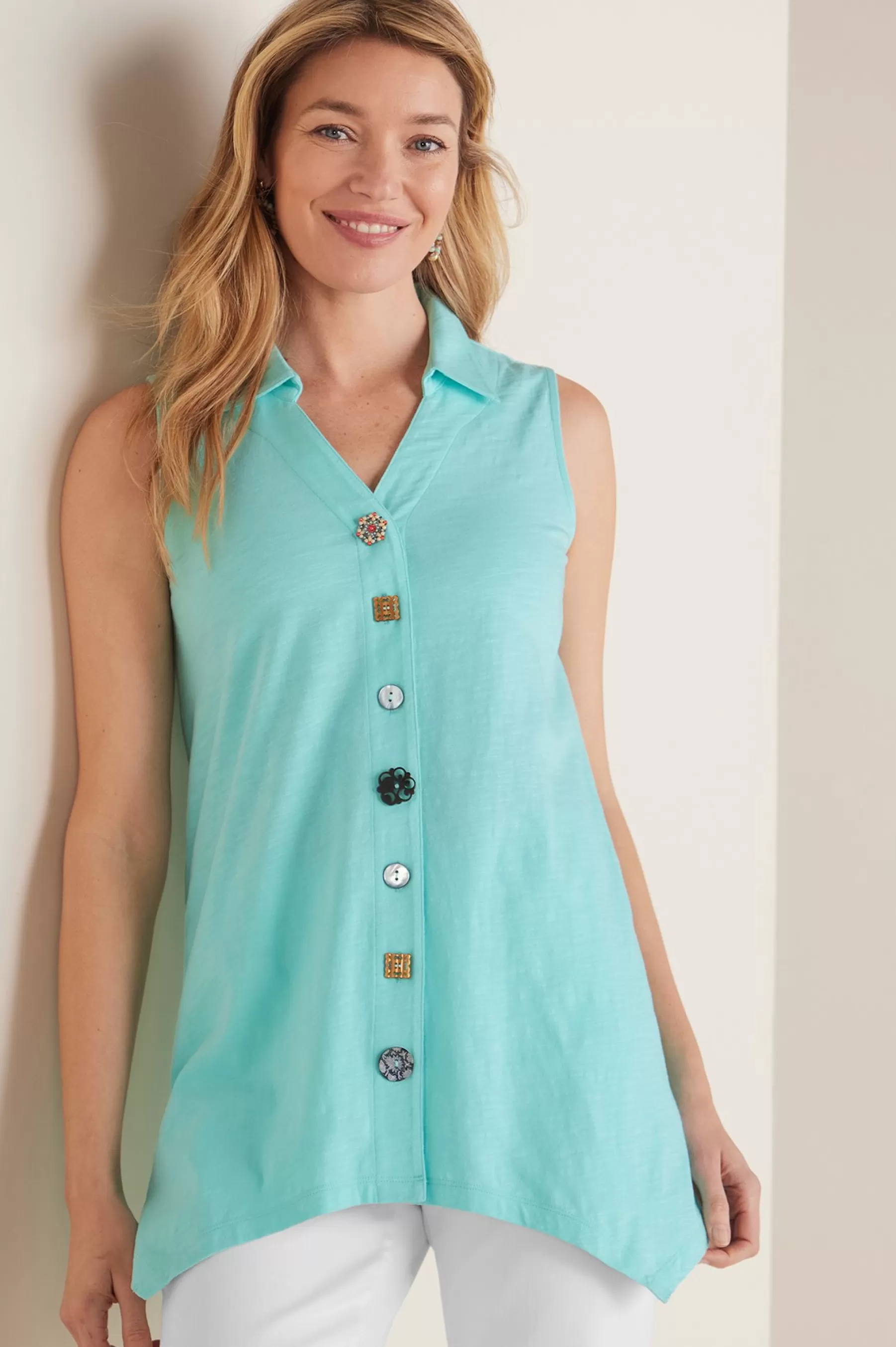 Everyday Styles-Soft Surroundings Petites Danielle Button Tank Aqua Splash