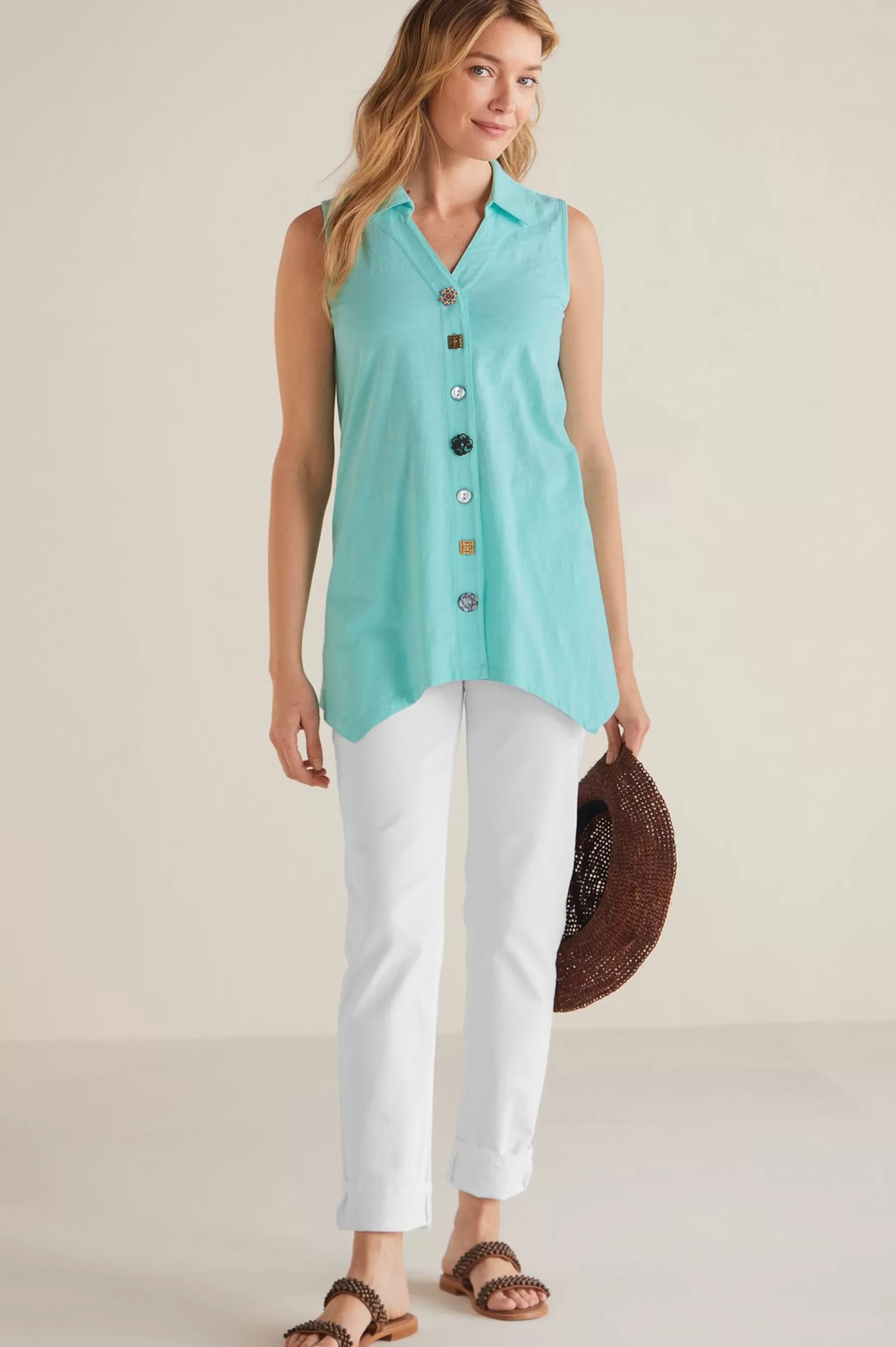 Everyday Styles-Soft Surroundings Petites Danielle Button Tank Aqua Splash