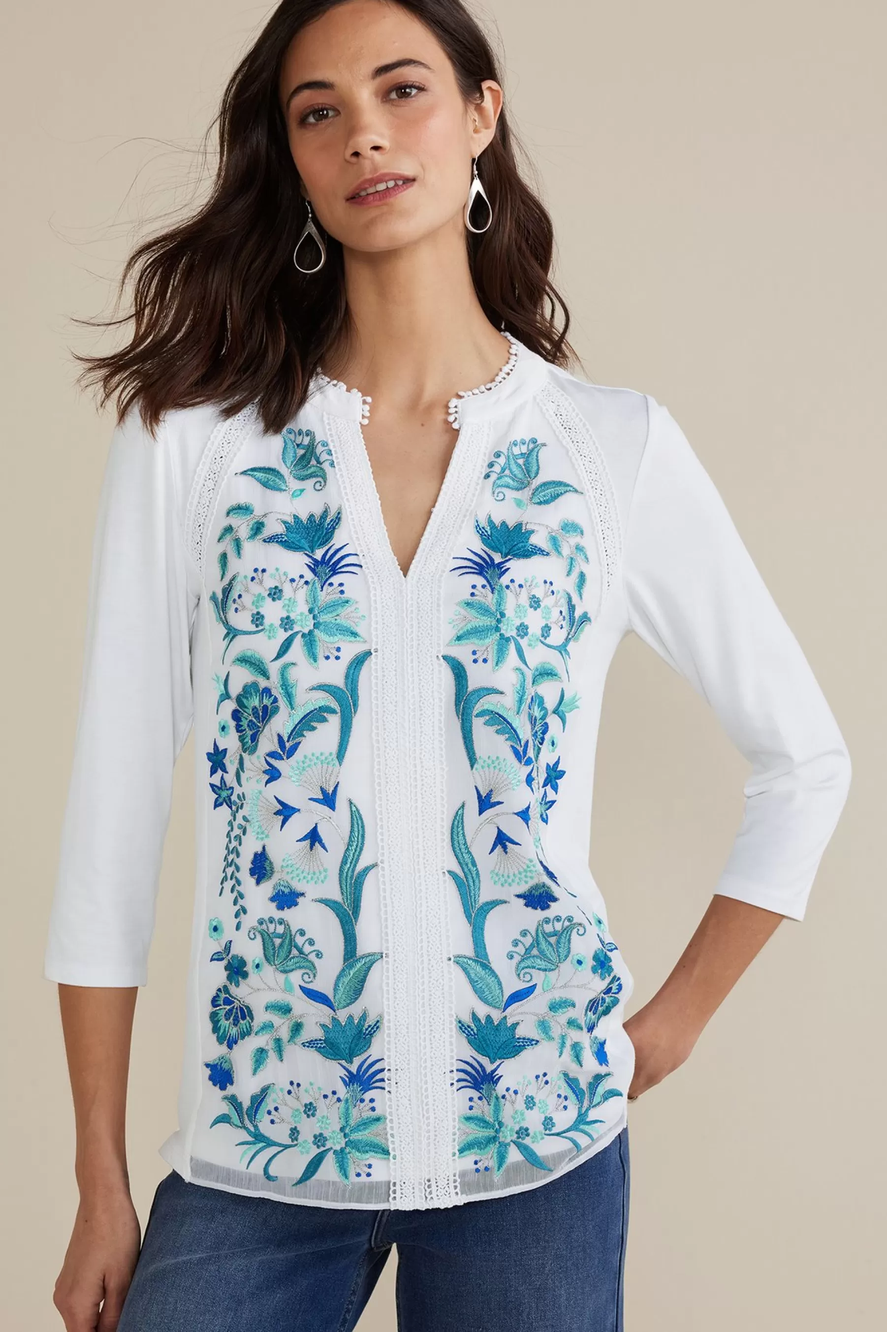 Into The Blues | The Floral Shop-Soft Surroundings Petites Delsie Embroidered Top White