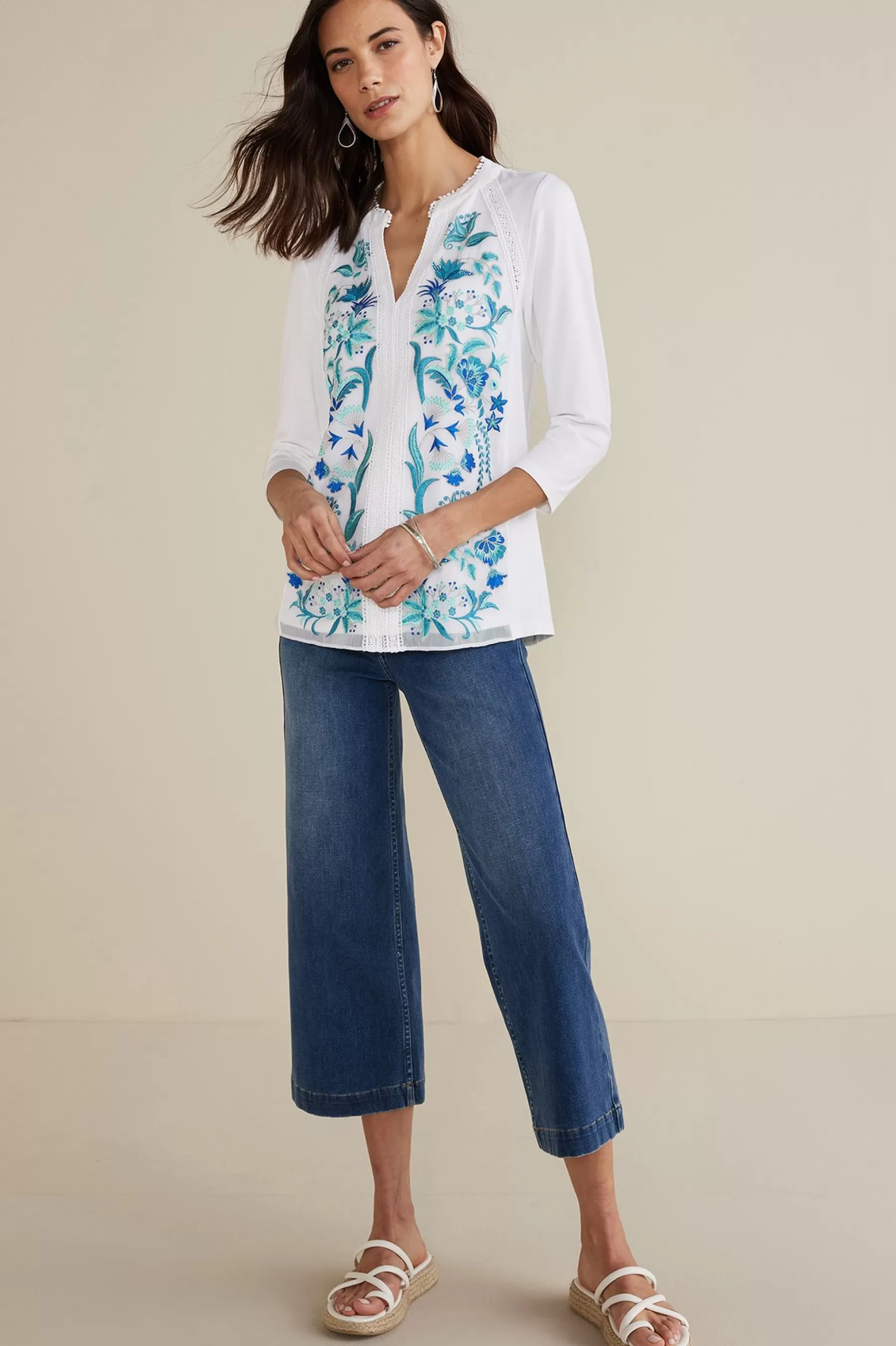 Into The Blues | The Floral Shop-Soft Surroundings Petites Delsie Embroidered Top White