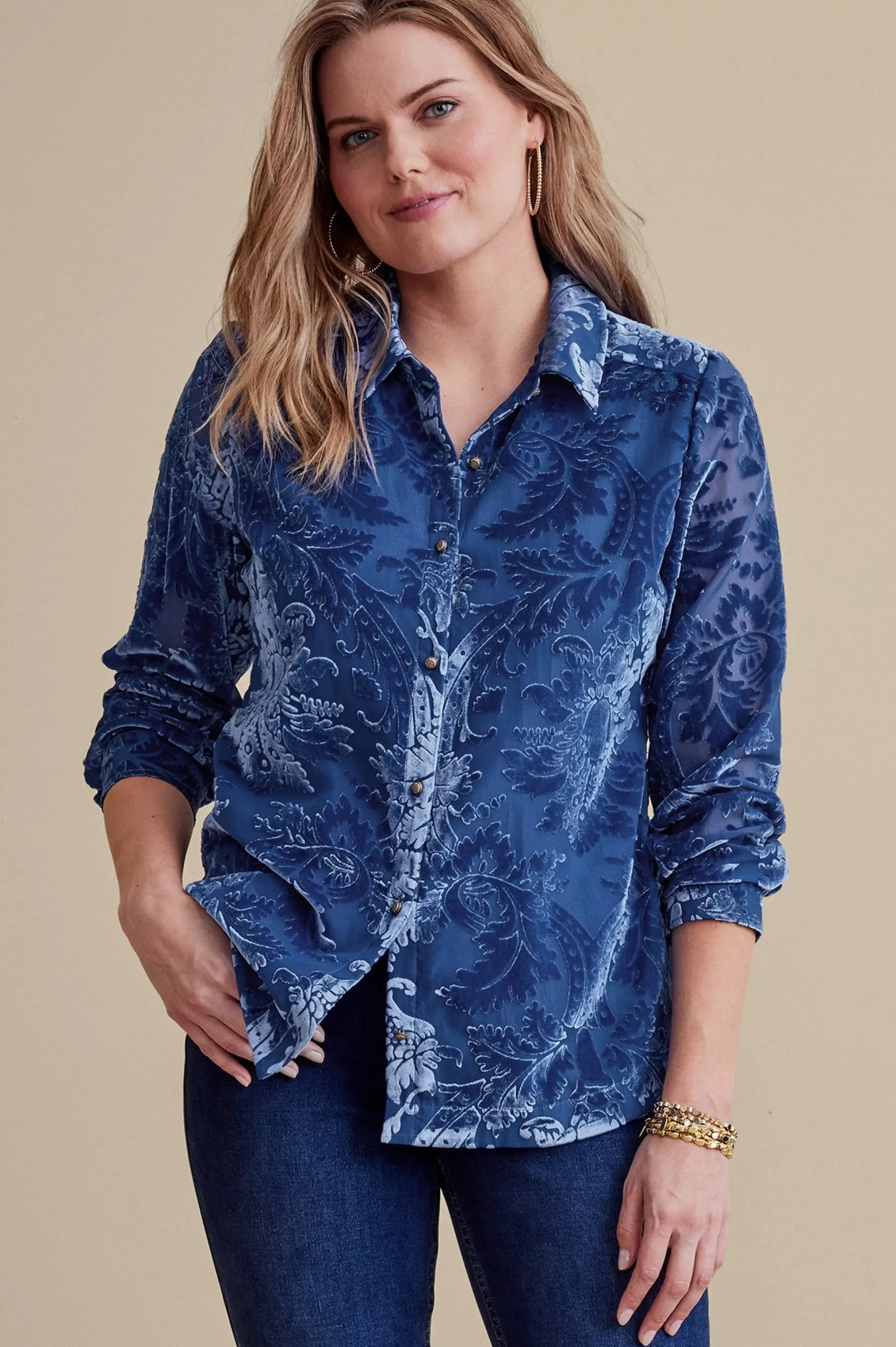 Feminine Flourish | Into The Blues-Soft Surroundings Petites Floreat Velvet Shirt Sapphire