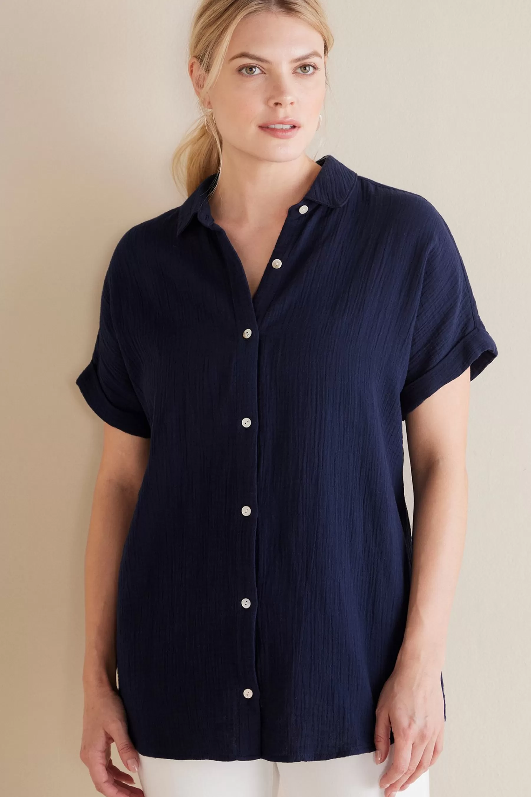 Gauze Shop-Soft Surroundings Petites Je Veux Gauze Top Navy