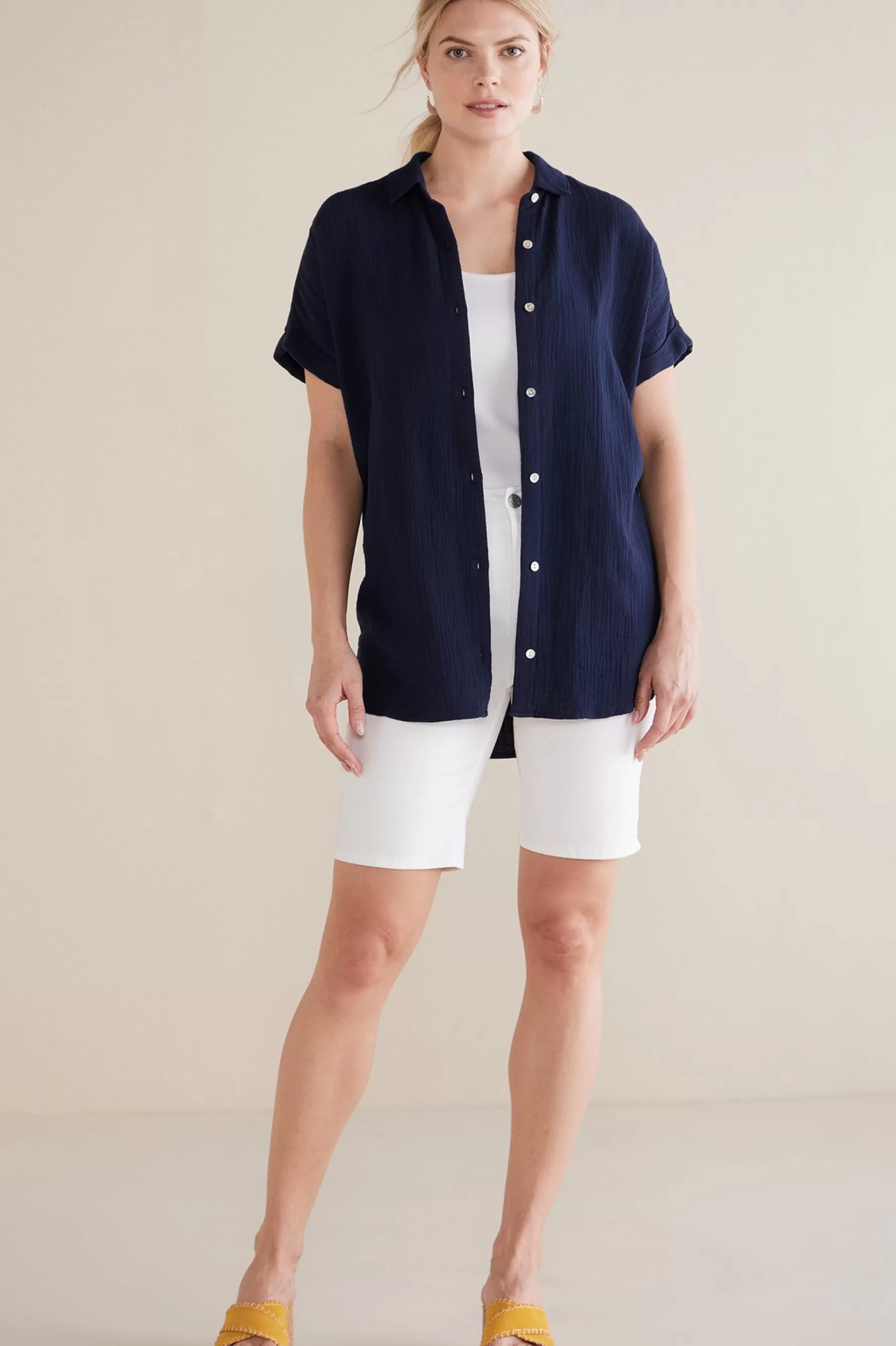 Gauze Shop-Soft Surroundings Petites Je Veux Gauze Top Navy