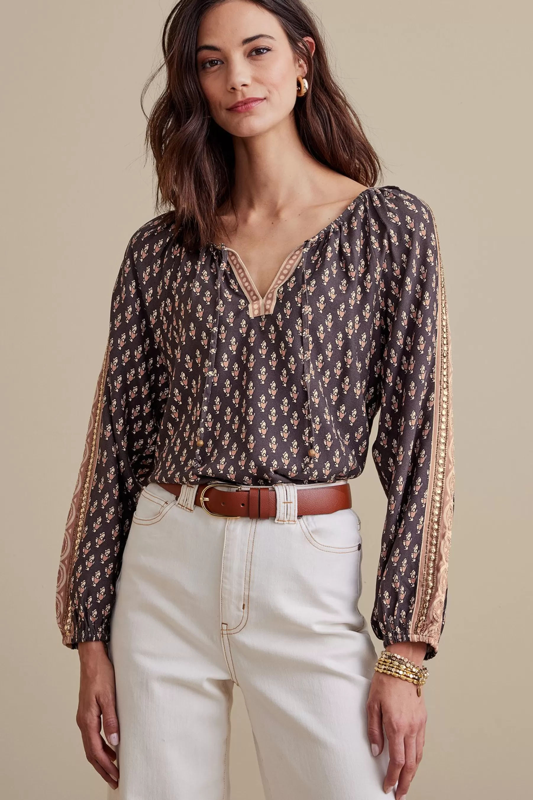 long sleeve | pullovers-Soft Surroundings Petites Jolene Blouse Neutral Geo