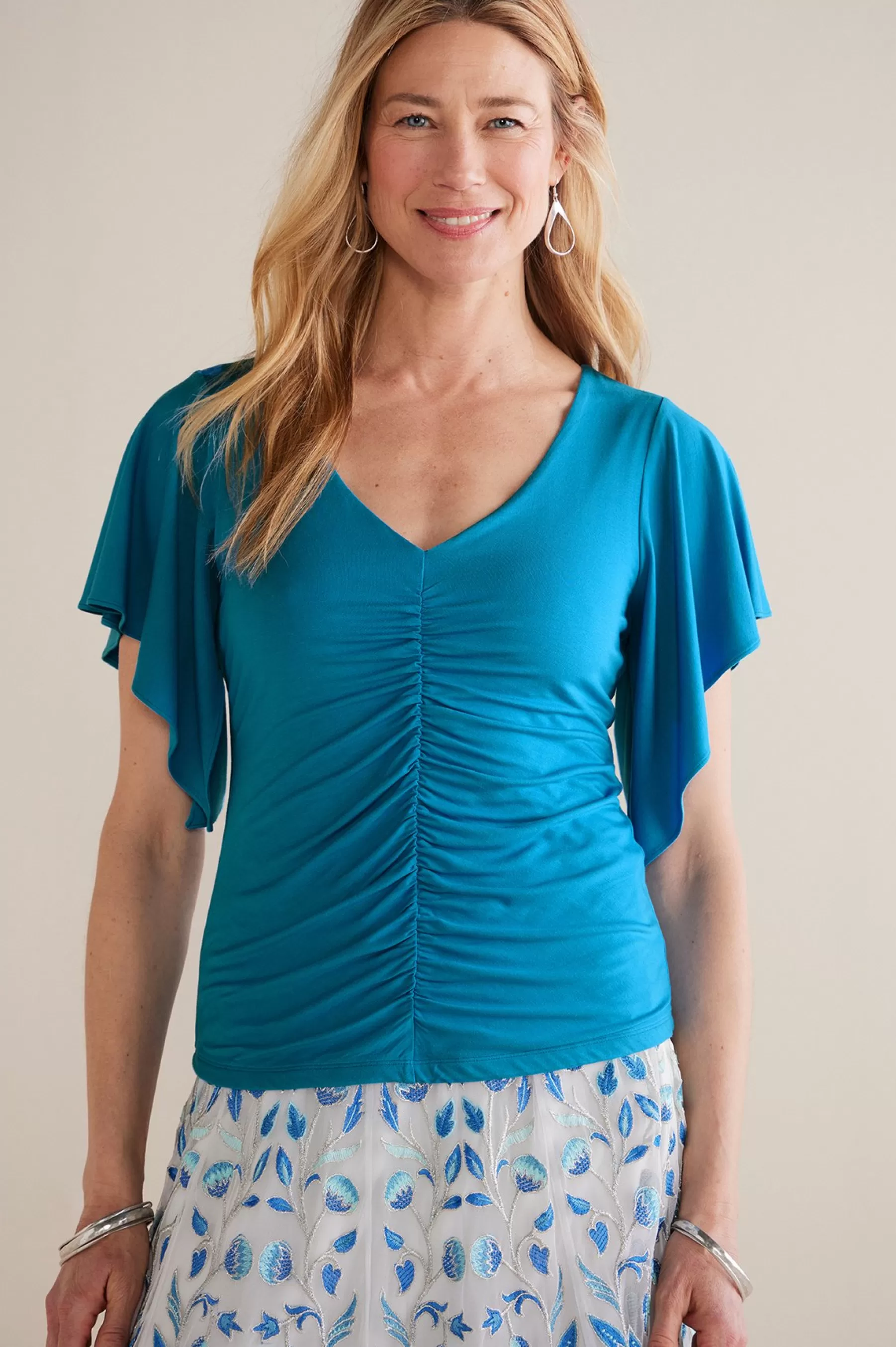 Feminine Flourish | Into The Blues-Soft Surroundings Petites Leya Ruched Top Swedish Blue