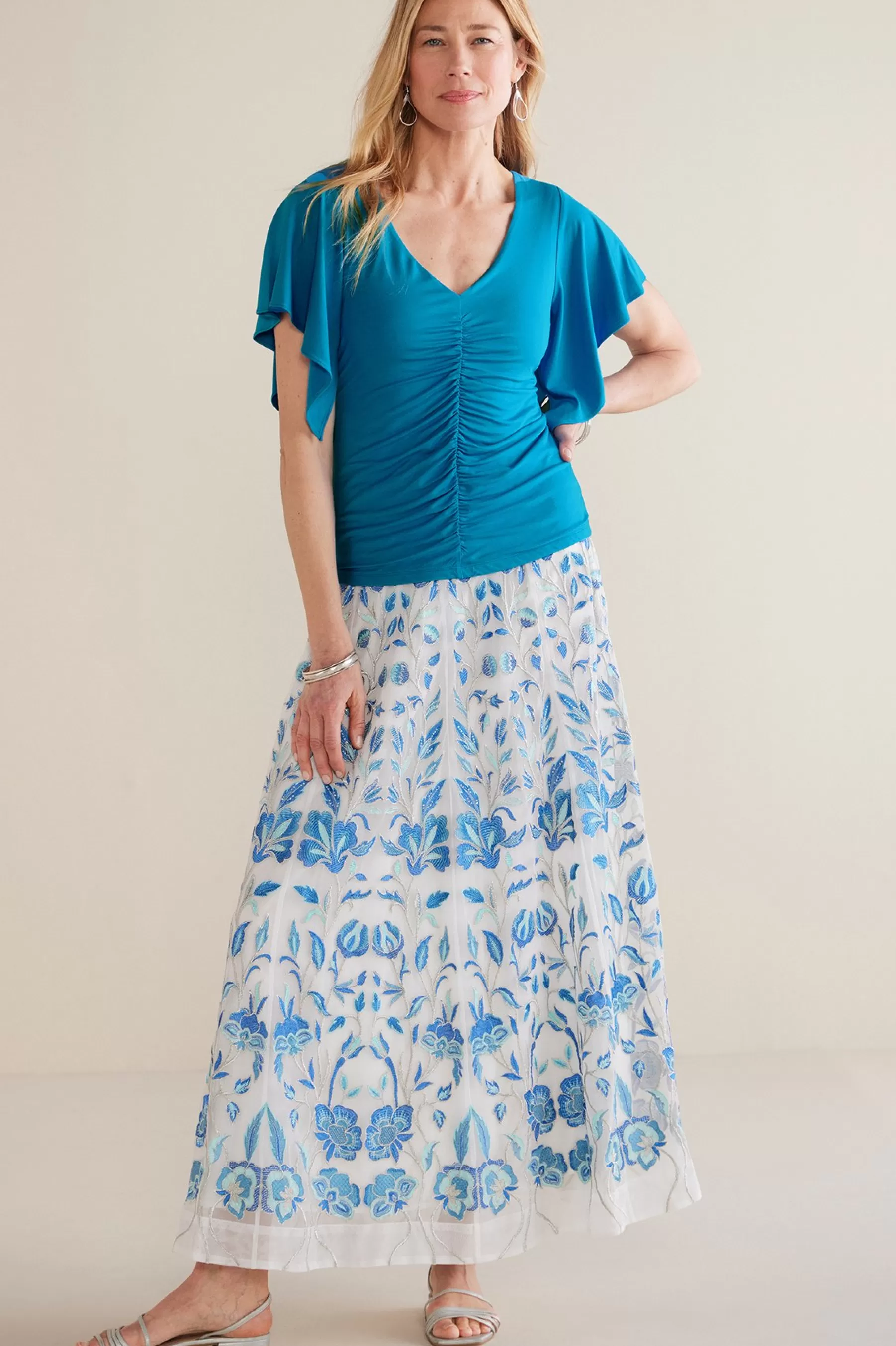 Feminine Flourish | Into The Blues-Soft Surroundings Petites Leya Ruched Top Swedish Blue