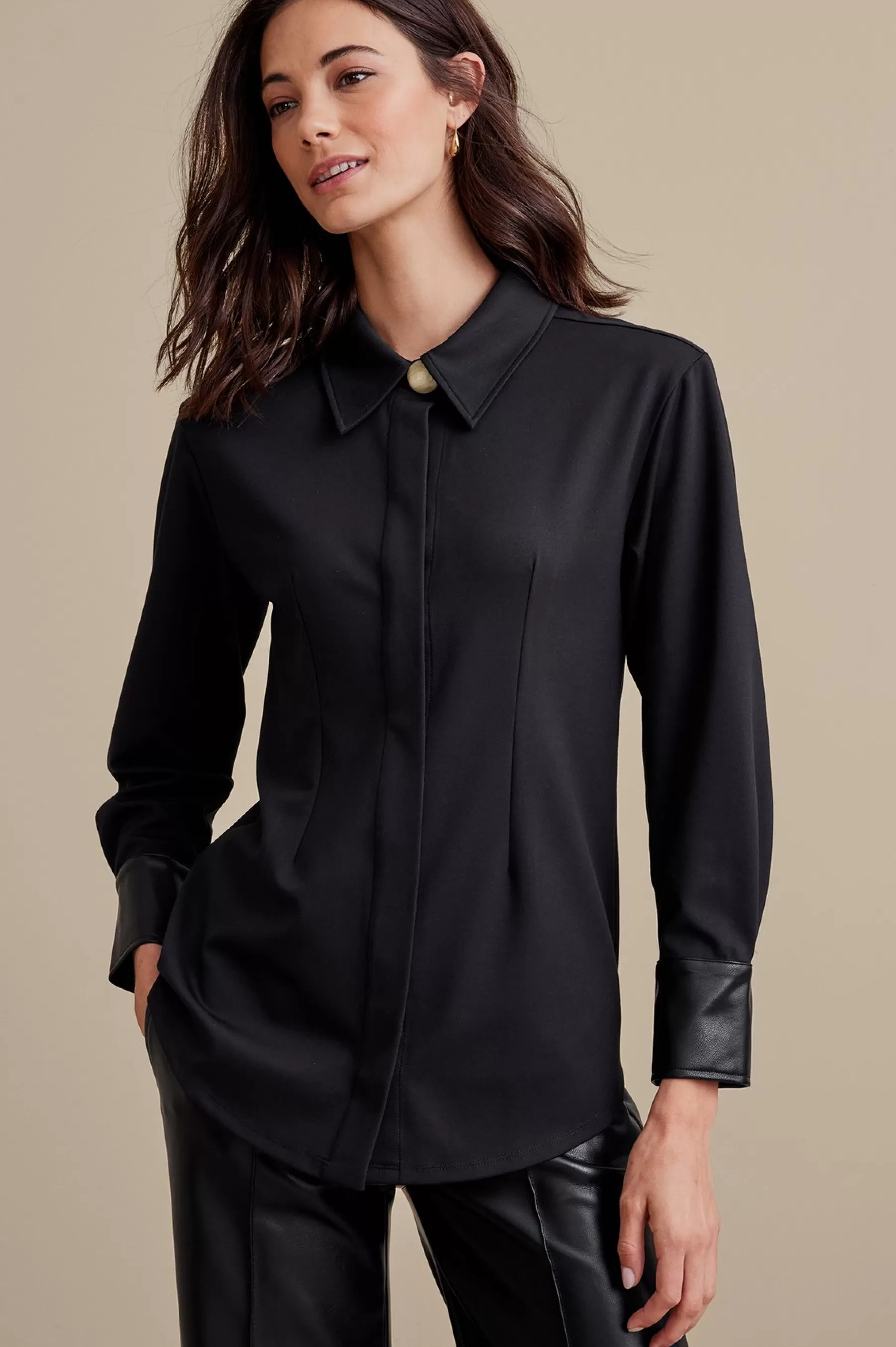 long sleeve | shirts-Soft Surroundings Petites Mattea Faux Leather Cuff Tunic Black