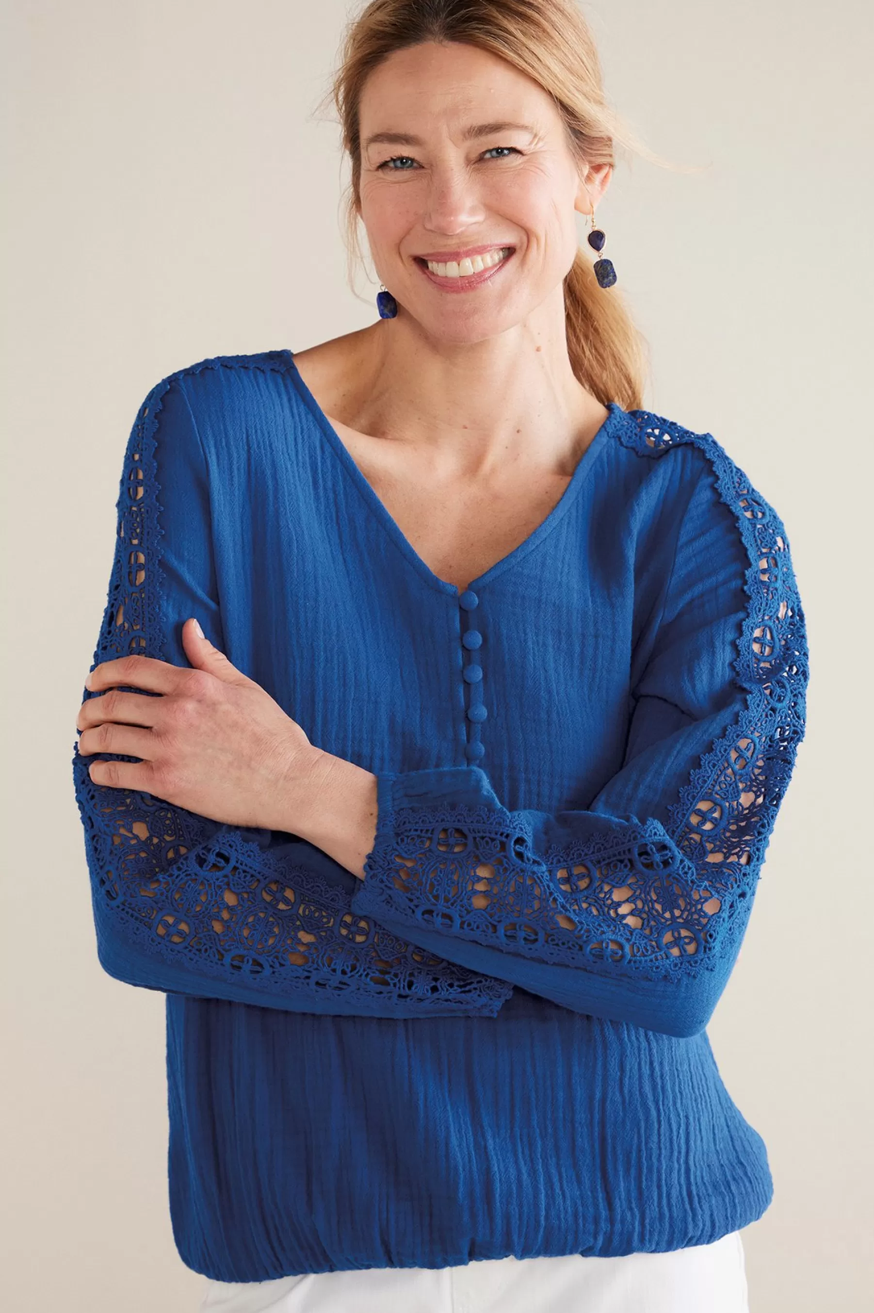 Feminine Flourish | Into The Blues-Soft Surroundings Petites Melinda Gauze & Crochet Top Sapphire