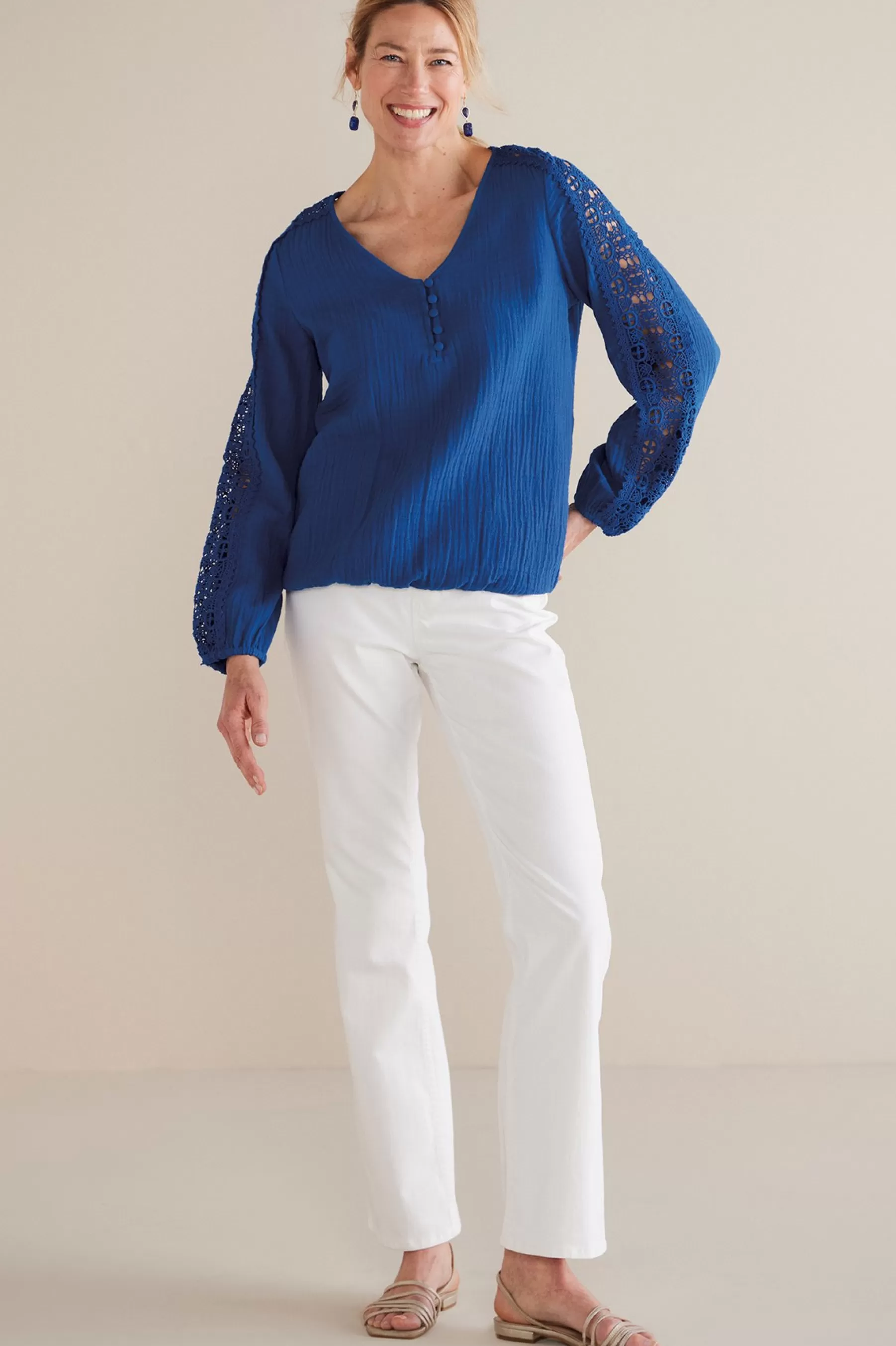 Feminine Flourish | Into The Blues-Soft Surroundings Petites Melinda Gauze & Crochet Top Sapphire