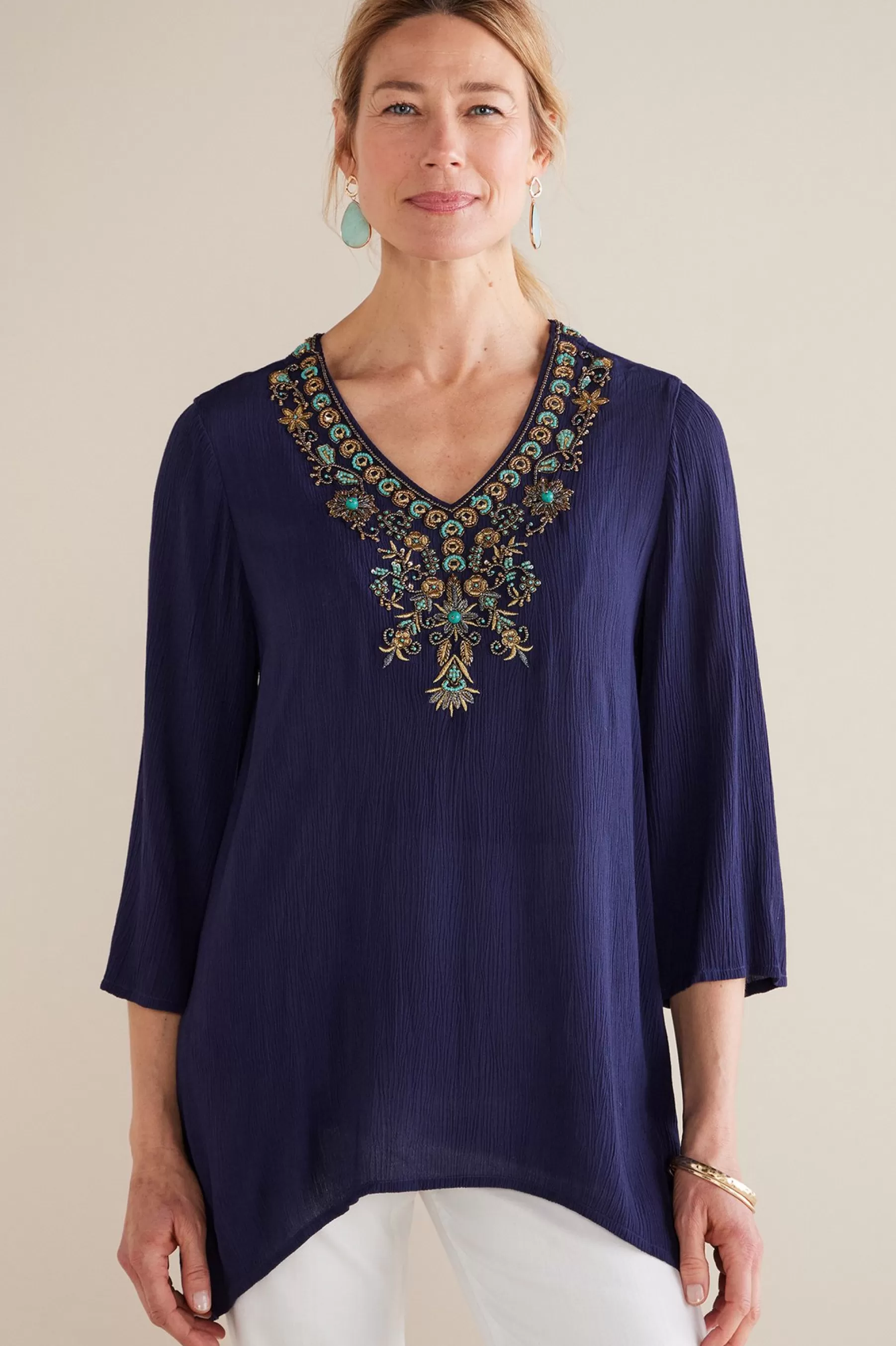 Feminine Flourish | Into The Blues-Soft Surroundings Petites Paulina Gauze Pullover Navy