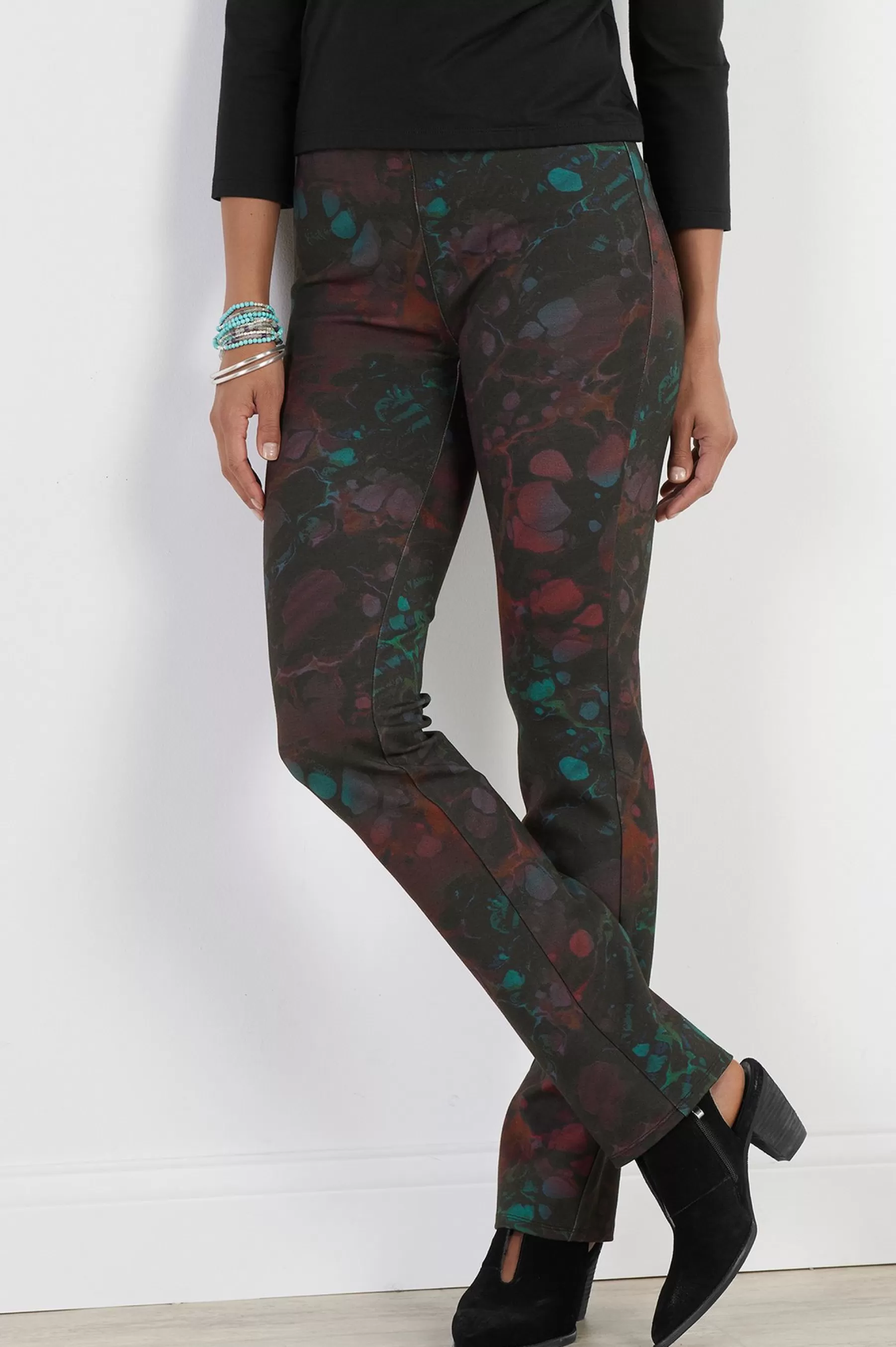 full length | straight-Soft Surroundings Petites Perfect Ponte Marbled Pull-On Straight Leg Pants Raine Multi