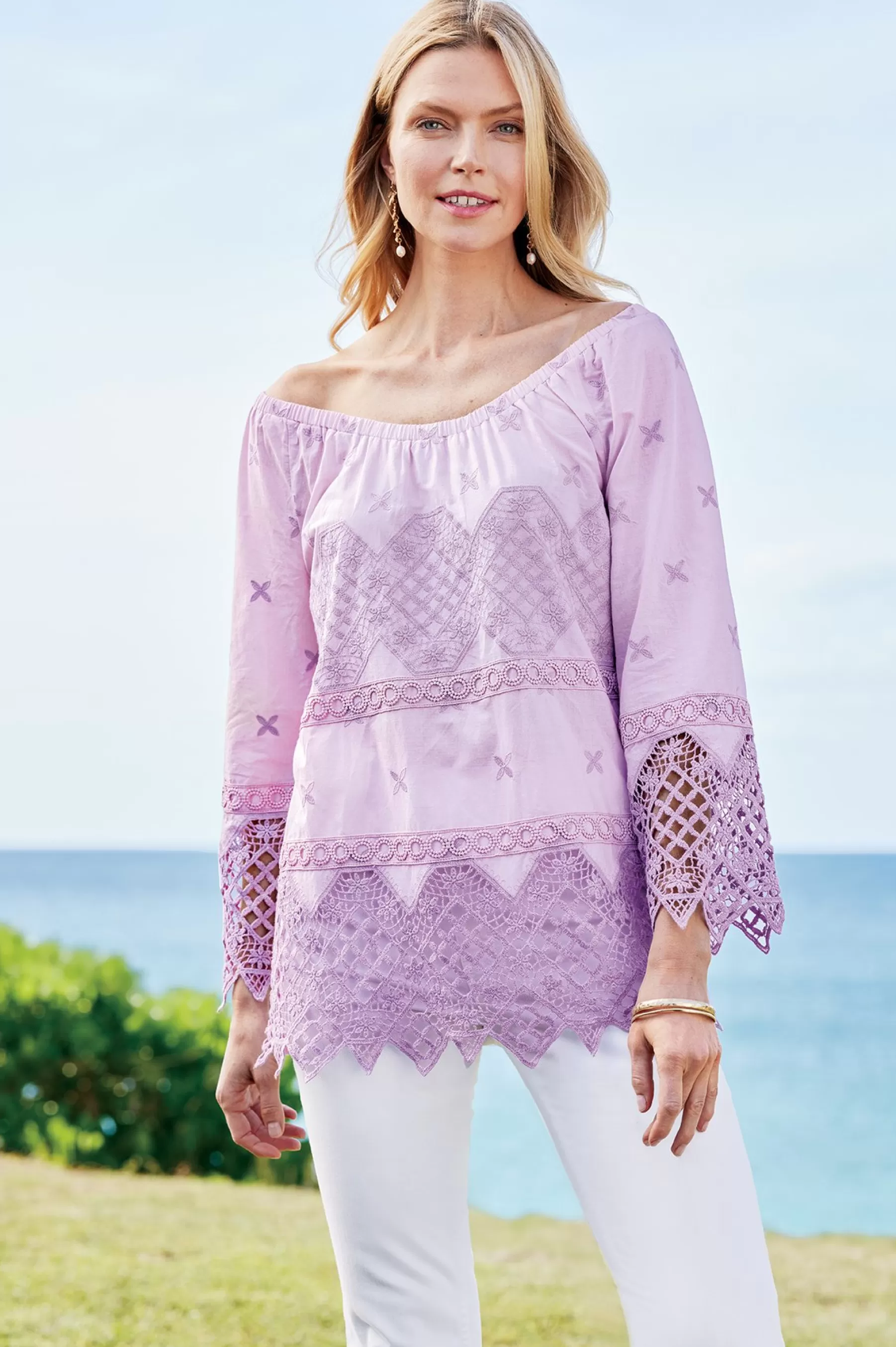 Feminine Flourish | Global Artistry-Soft Surroundings Petites Pilar Off the Shoulder Top Orchid Bloom