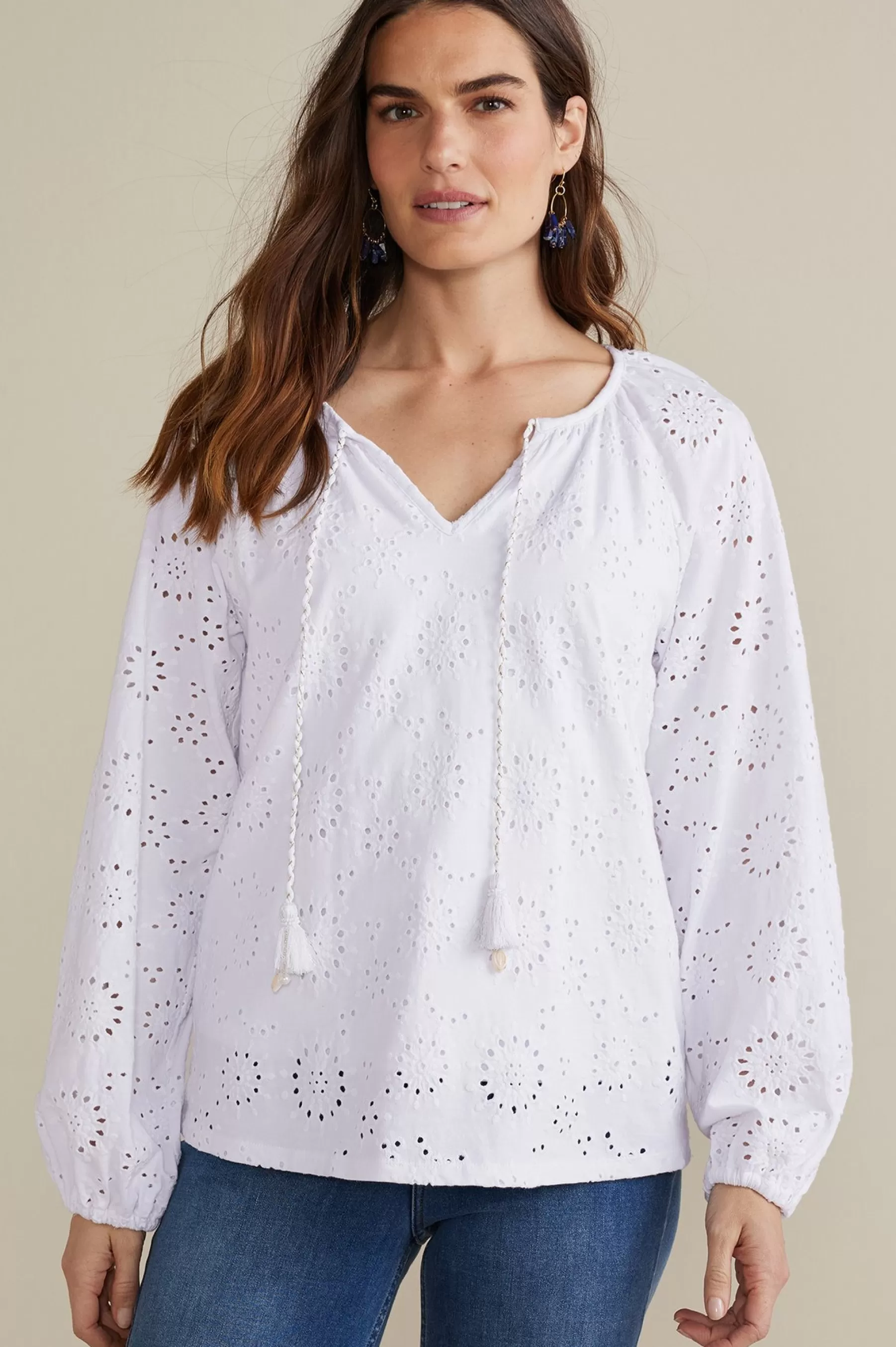 Feminine Flourish | Global Artistry-Soft Surroundings Petites Rhiannon Eyelet Peasant Top White