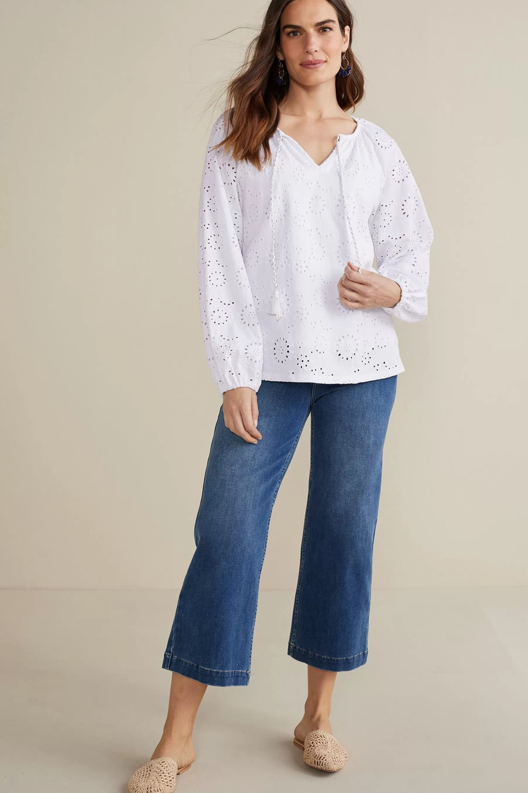 Feminine Flourish | Global Artistry-Soft Surroundings Petites Rhiannon Eyelet Peasant Top White