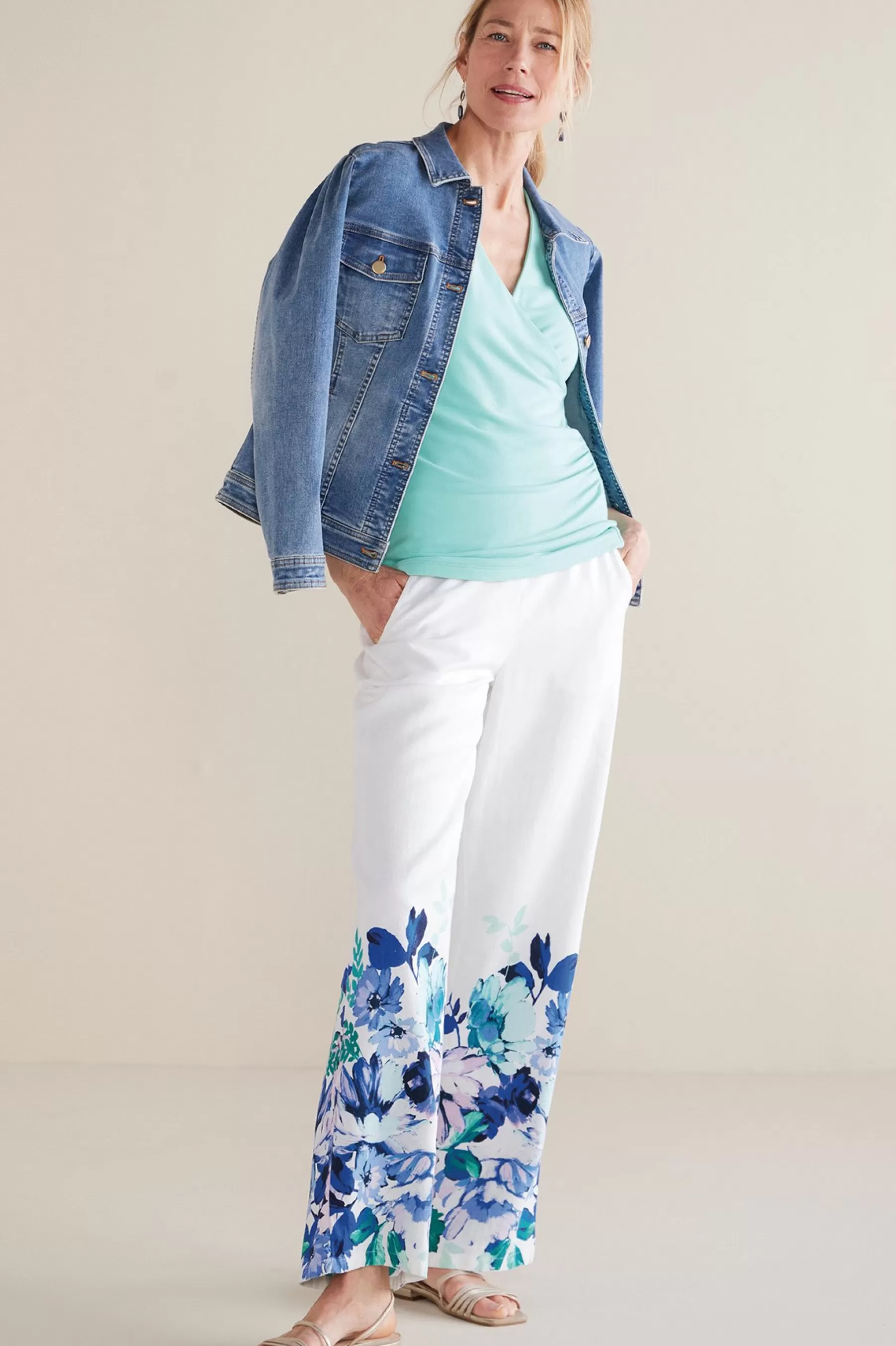 Into The Blues | The Floral Shop-Soft Surroundings Petites Ronna Linen Blend Wide Leg Pants Watercolor Floral