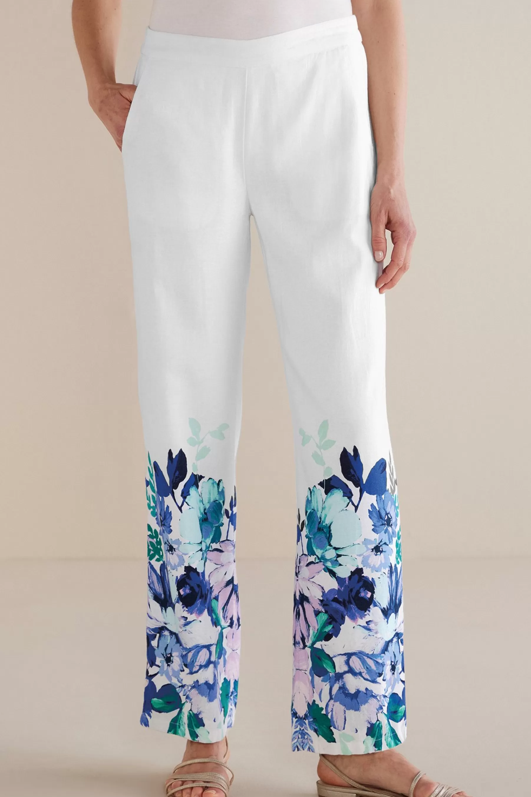 Into The Blues | The Floral Shop-Soft Surroundings Petites Ronna Linen Blend Wide Leg Pants Watercolor Floral