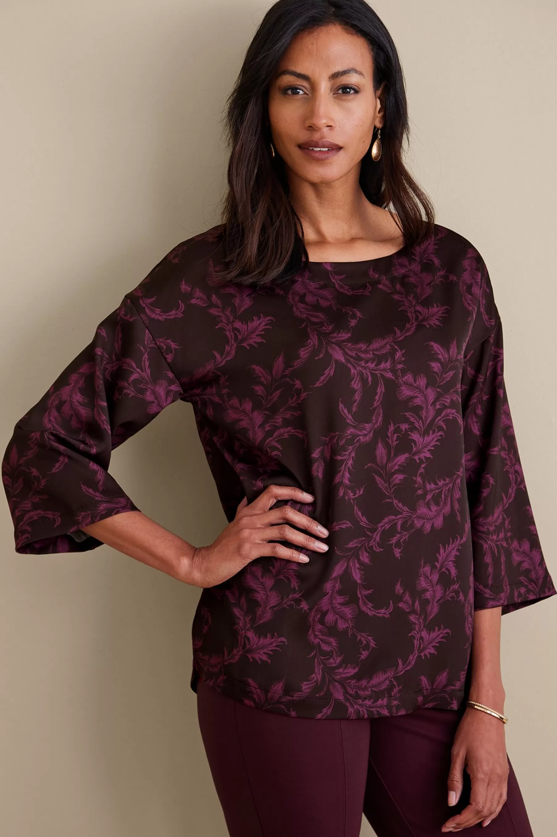 three quarter length | pullovers-Soft Surroundings Petites Selina Top Wine Botanical