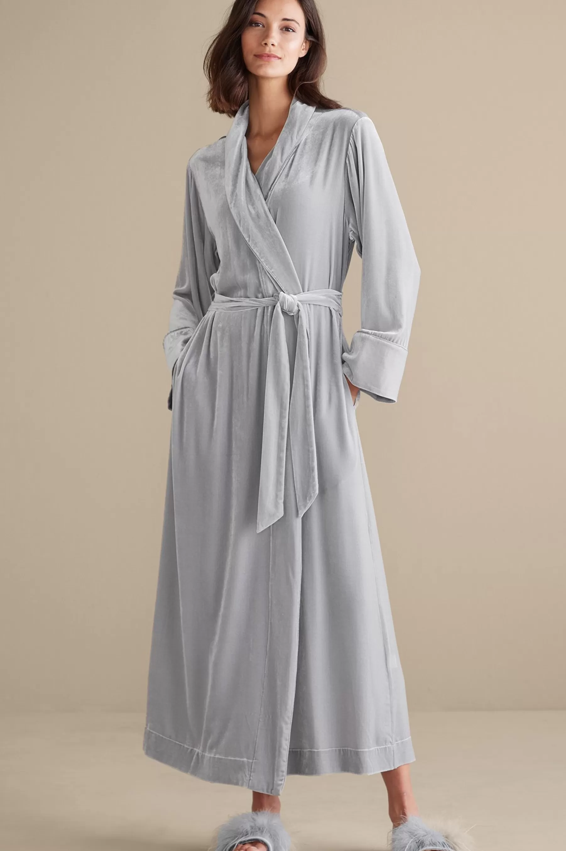 Sleepwear & Lounge-Soft Surroundings Petites Silk Velvet Robe Platinum Grey