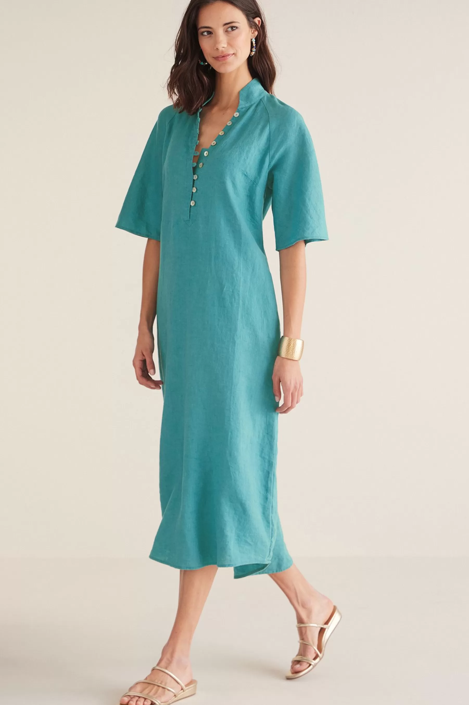 solids | mid-length-Soft Surroundings Petites Theodora Linen Dress Teal