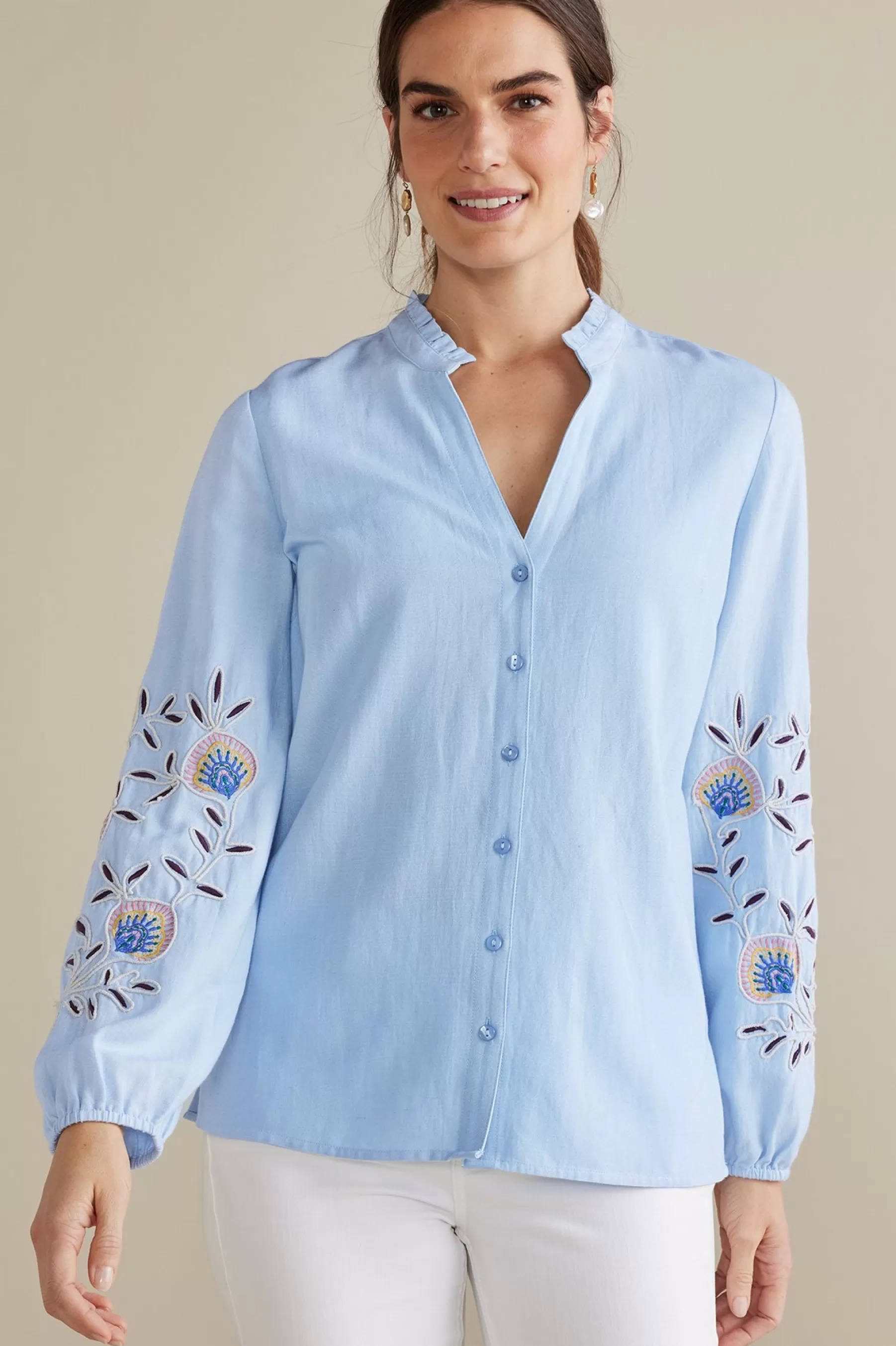 Into The Blues-Soft Surroundings Petites Titania Embroidered Top Chambray Blue